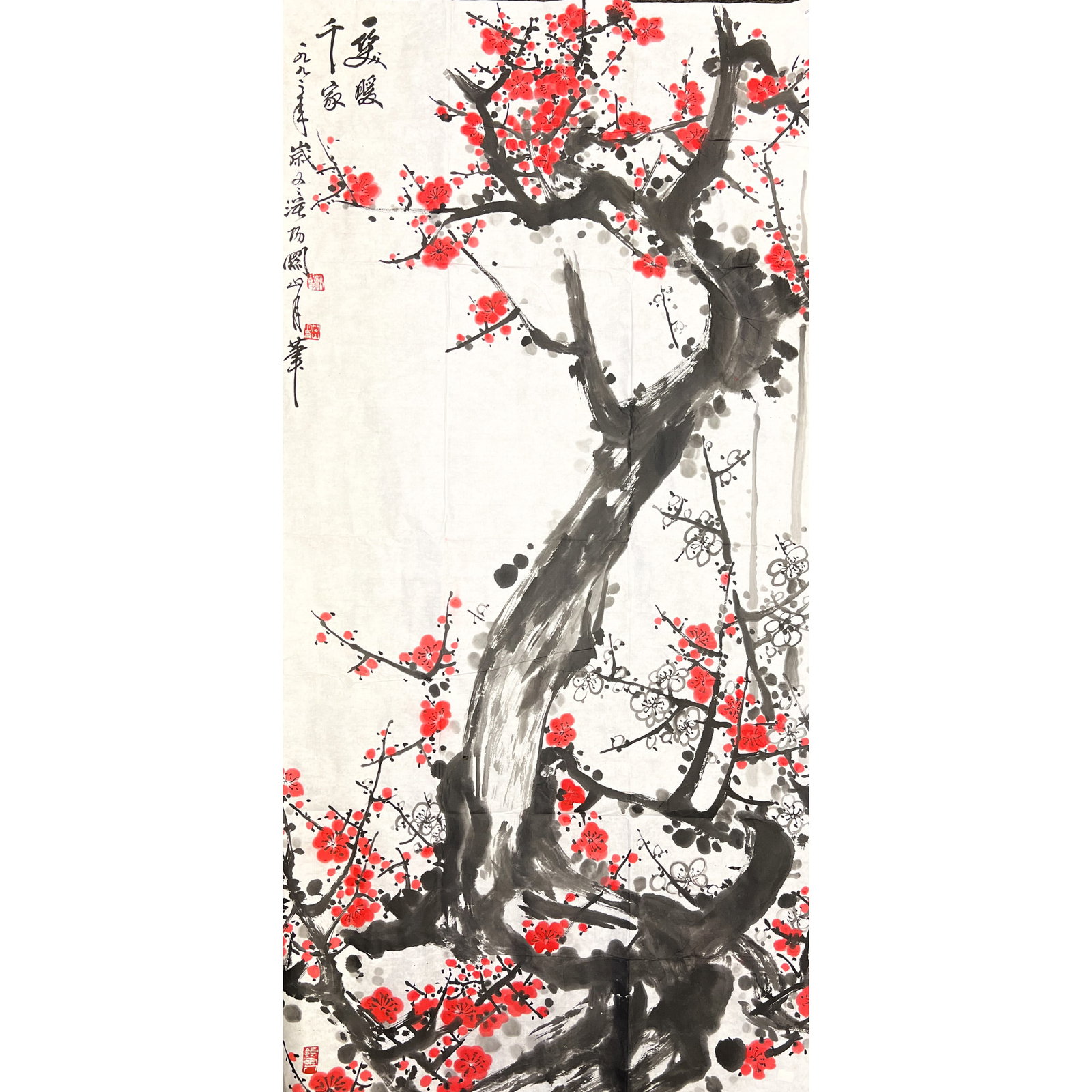 GUAN SHANYUE (1912-2000), ATTRIBUTED TO, CHINESE PAINTING OF PLUM BLOSSOMS: Attributed to Guan Shanyue (1912-2000), Chinese painting of plum blossoms. Ink and color on paper, unmounted. Sheet: 53.74"h x 26.57"w (136.5 x 67.5 cm)
