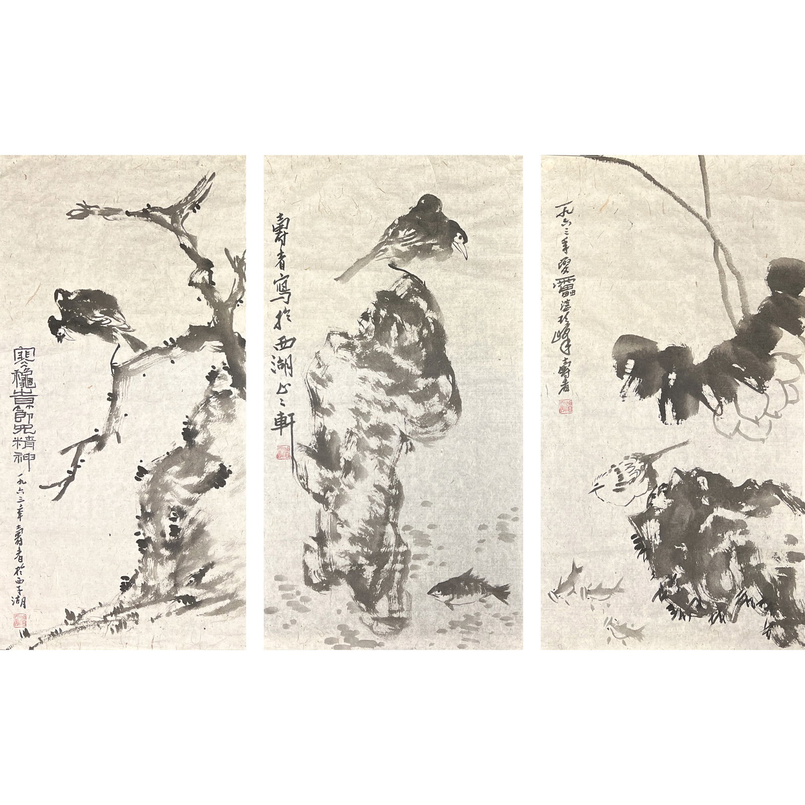 (LOT OF 3) PAN TIANSHOU (1897-1971), ATTRIBUTED TO, CHINESE PAINTINGS OF BIRDS: (lot of 3) Attributed to Pan Tianshou (1897-1971), Chinese paintings of birds. Ink on paper, unmounted. Sheet: 38.19"h x 19.29"w (97 x 49 cm) (x3)
