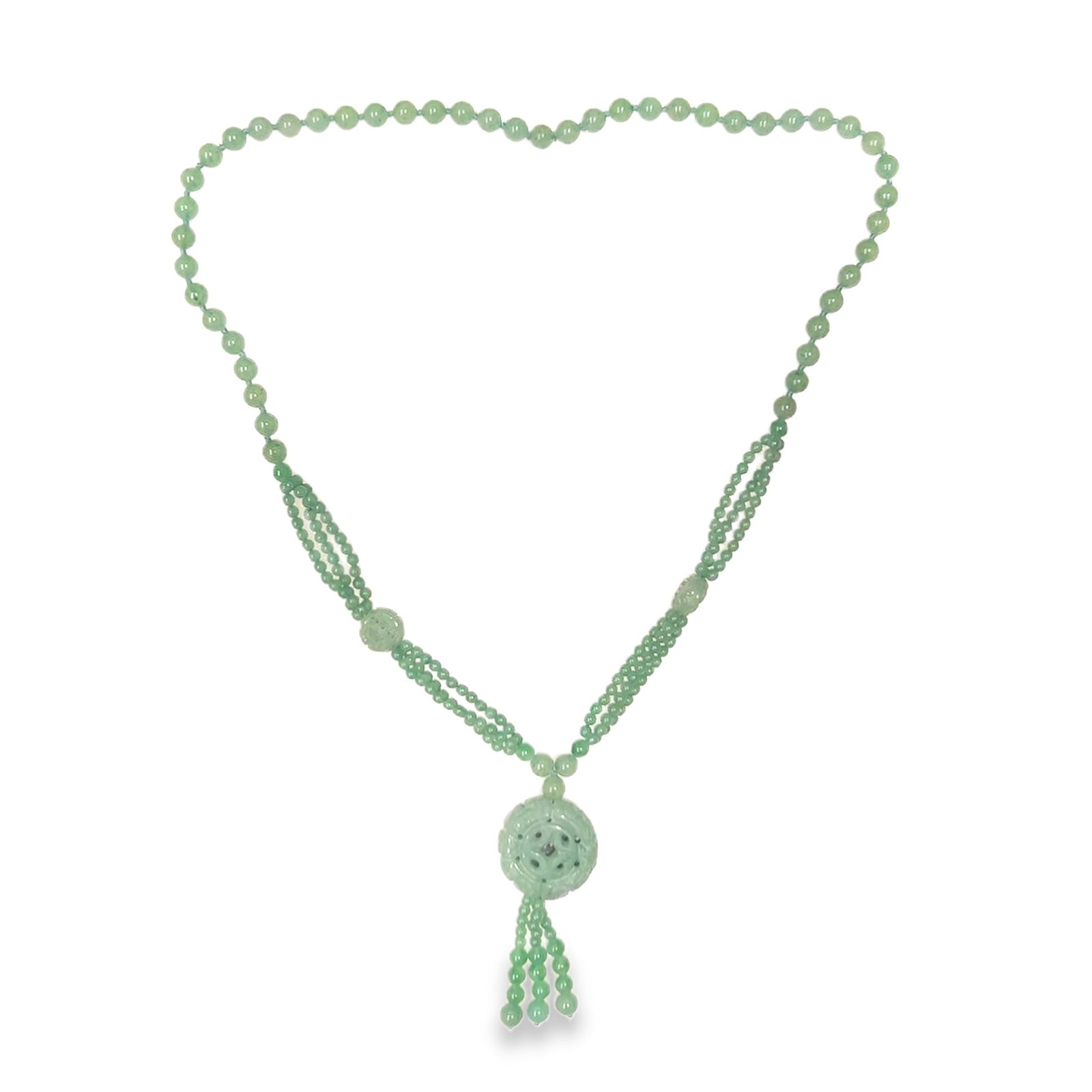 CELADON JADE BEADS AND PENDANT NECKLACE: Jadeite beads and pendant necklace. Pendant: 1.38"h x 1.38"w x 0.39"l (3.5 x 3.5 x 1 cm); Overall (with pendant): 17.32"l (44 cm)