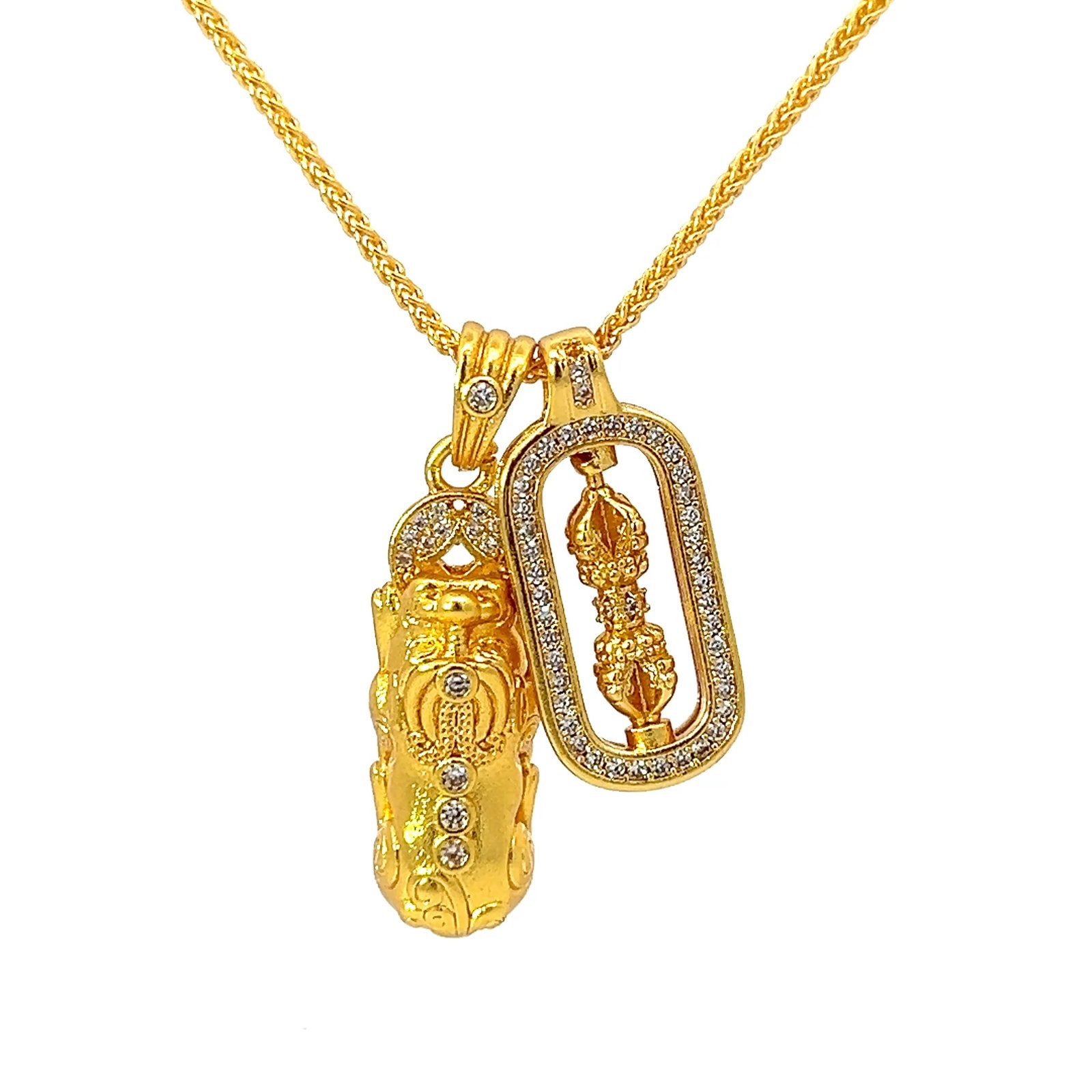 GOLD-PLATED SILVER NECKLACE AND PENDANT: Gold-plated silver necklace and pendant. Pendant: 0.98"h x 0.2"w (2.5 x 0.5 cm); 0.98"h x 0.28"w (2.5 x 0.7 cm) Necklace: 17.32"l (44 cm) Weight: 12.2 g total