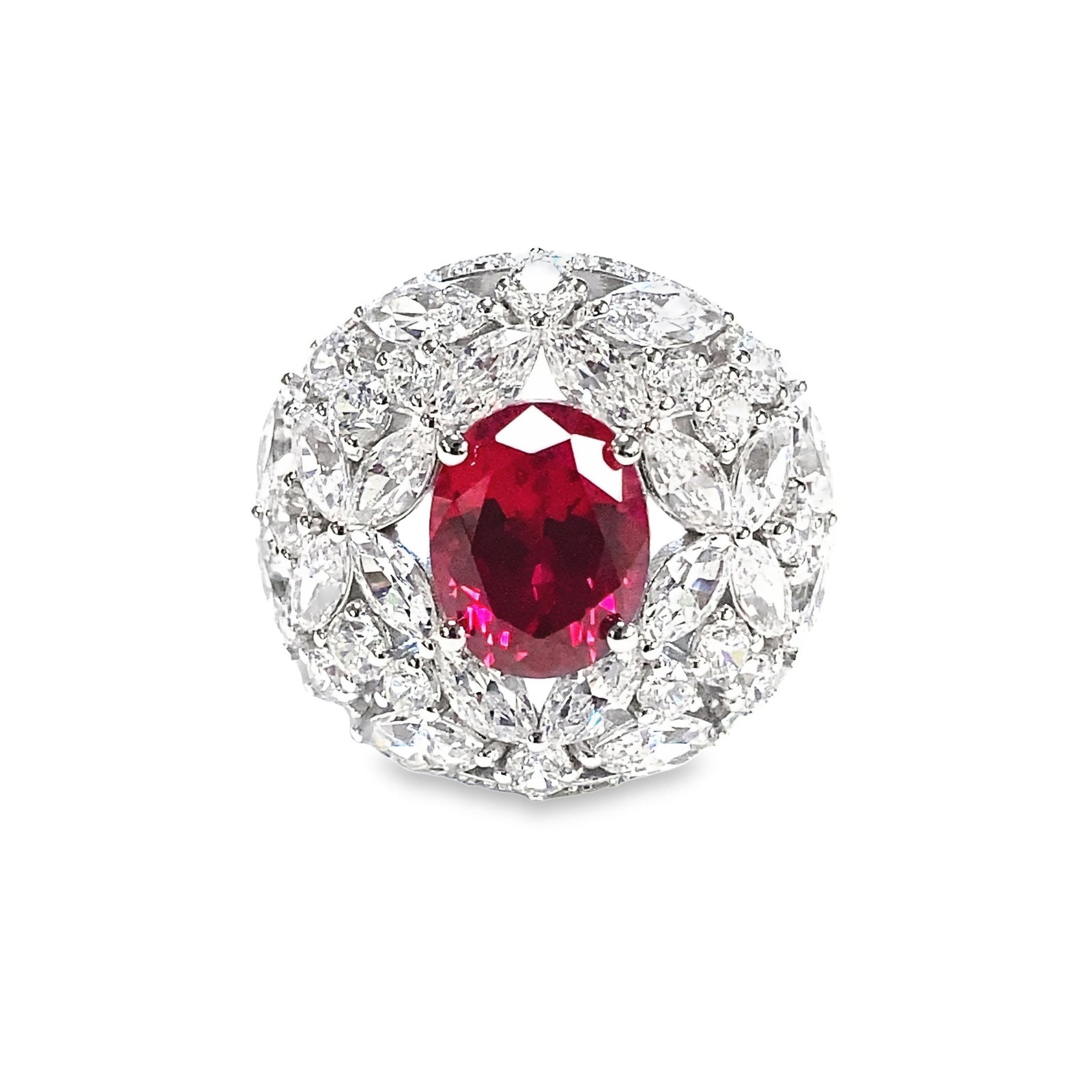 LAB RUBY, DIAMOND AND STERLING SILVER RING: Lab ruby, diamond and sterling silver ring. Size: 7.5 Main stone: 2.51 carats
