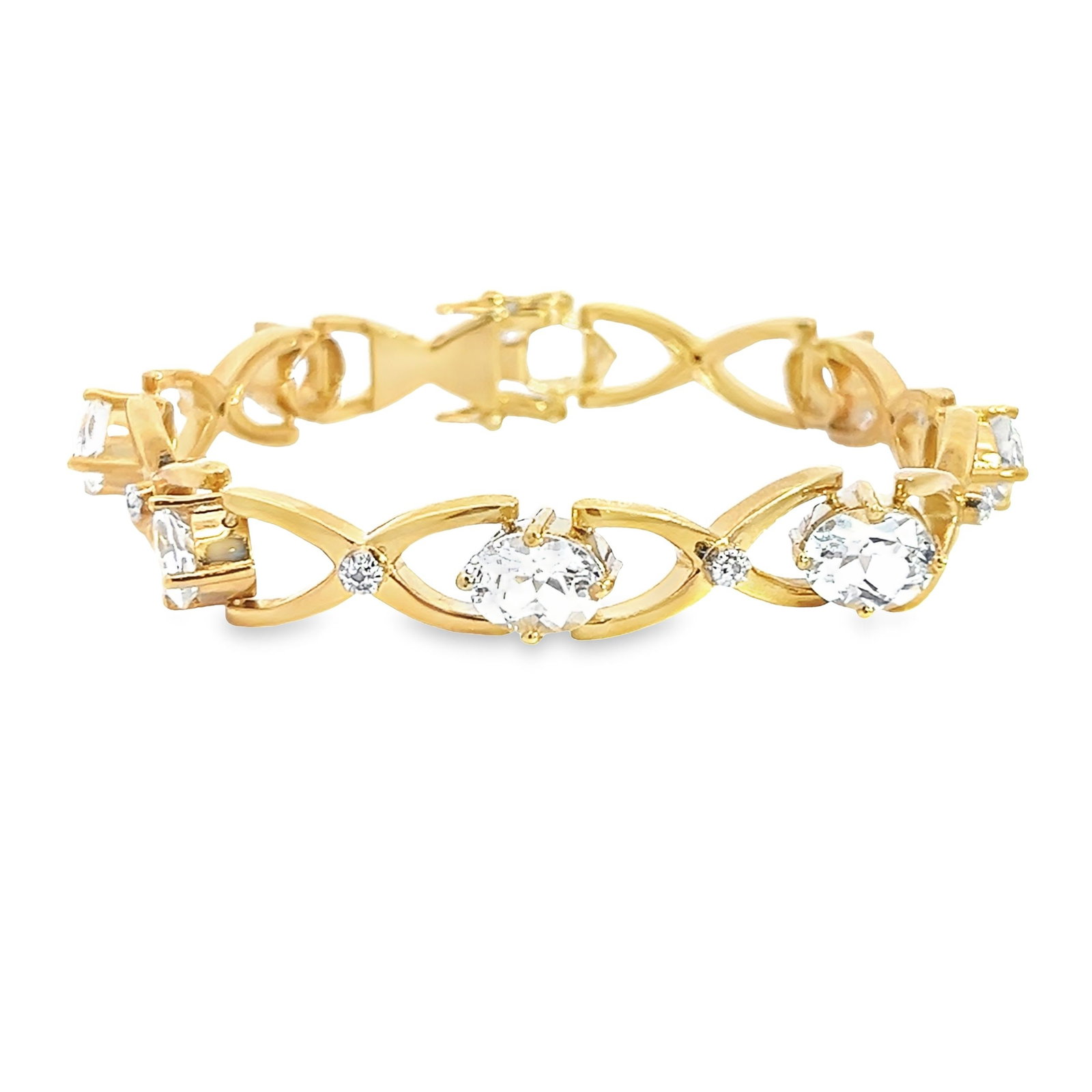 WHITE TOPAZ, DIAMOND AND STERLING SILVER HOLLOW LINK CHAIN BRACELET: White topaz, diamond and sterling silver hollow link chain bracelet. 8.27"l x 0.31"w (21 x 0.8 cm)