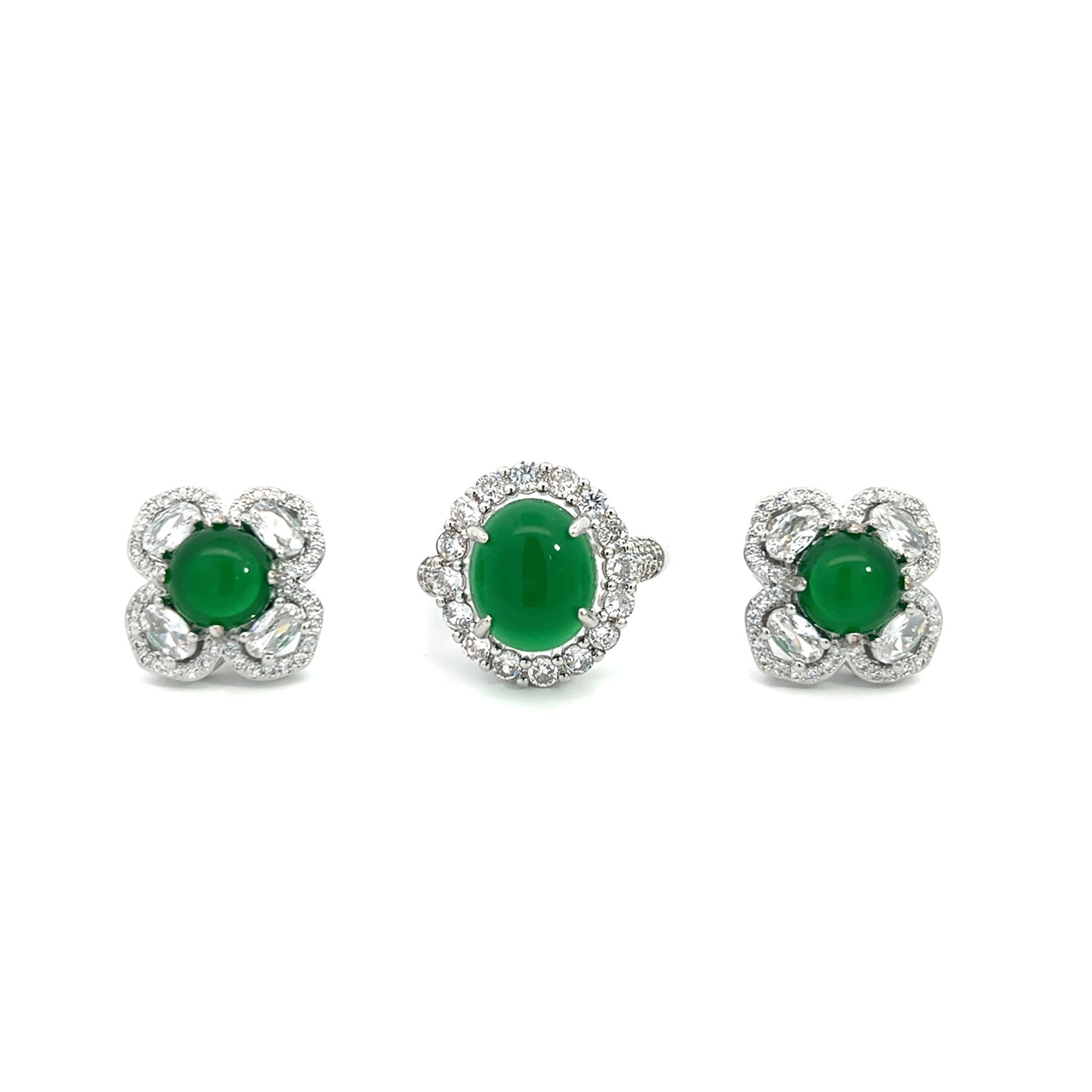 (LOT OF 3) JADEITE, DIAMOND AND STERLING SILVER RING AND EARRINGS: (lot of 3) Jadeite, diamond and sterling silver ring and earrings. Ring size: 8.5 (adjustable) Earrings: 0.79"h x 0.79"w (2 x 2 cm) (x2) Weight: Ring 5.0 g; earrings 6.3 g total
