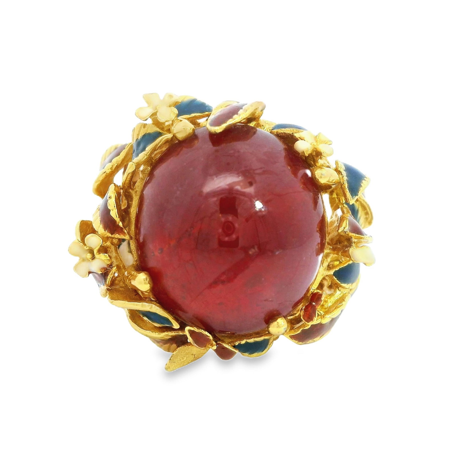 RUBY AND GOLD-GILDED RING: A large gold-gilded ring set with a round-cut ruby and decorated with floral, twig and leaf motifs. Size: 8.25 Gemstone: 0.63"h x 0.59"w (1.6 x 1.5 cm) Overall: 0.87"h x 0.98"w (2.2 x 2.5 cm)