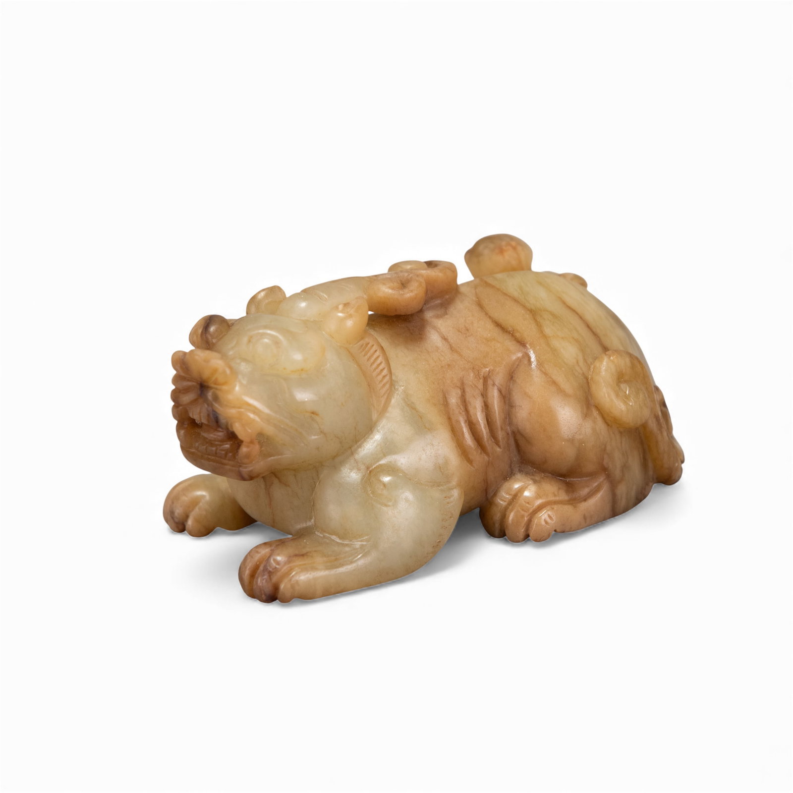 CHINESE JADE CARVING GROUP OF MYTHICAL BEASTS: Chinese jade carving group of mythical beasts. 1.57"h x 3.35"w x 1.89"l (4 x 8.5 x 4.8 cm)