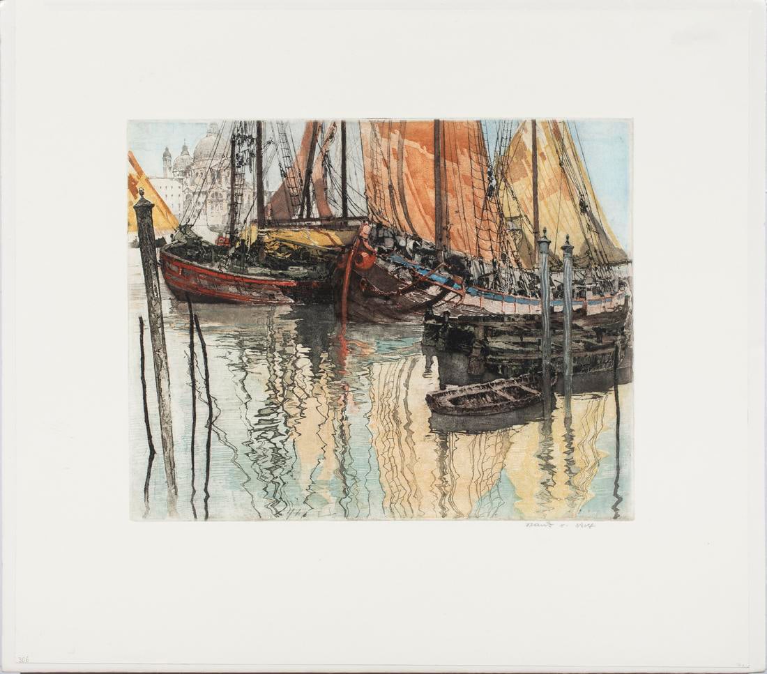 FRANZ XAVER WOLF, PRINT: Franz Xaver Wolf (Austrian, 1896-1990), "Gondolas Near St. Mark's Basilica, Venice". Etching with aquatint, pencil signed lower right. Sheet (unframed): 21.25"h x 24"w Provenance: Estate of Meri Jaye,