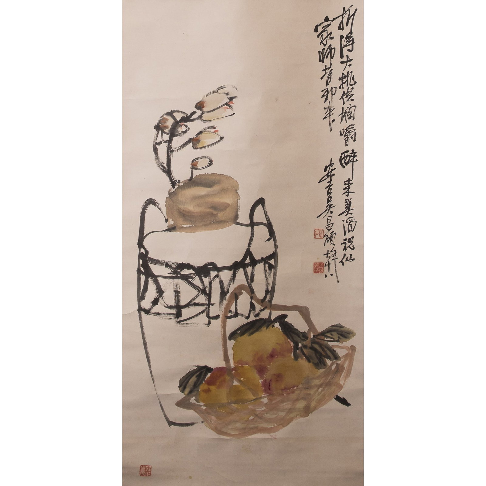 WU CHANGSHUO (1844-1927), AFTER, CHINESE PAINTING OF LONGEVITY PEACH (1 of 4)