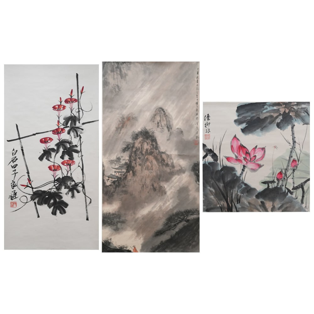 (LOT OF 3) QI LIANGCHI; FU BAOSHI AND LU YIFEI, AFTER; THREE CHINESE SCROLL PAINTINGS: (lot of 3) Qi Liangchi, and after Fu Baoshi and Lu Yifei, three Chinese scroll paintings. Ink and color on paper, mounted as hanging scrolls. 35.43"h x 19.69"w (90 x 50 cm) 37.4"h x 17.72"w (95 x 45 c