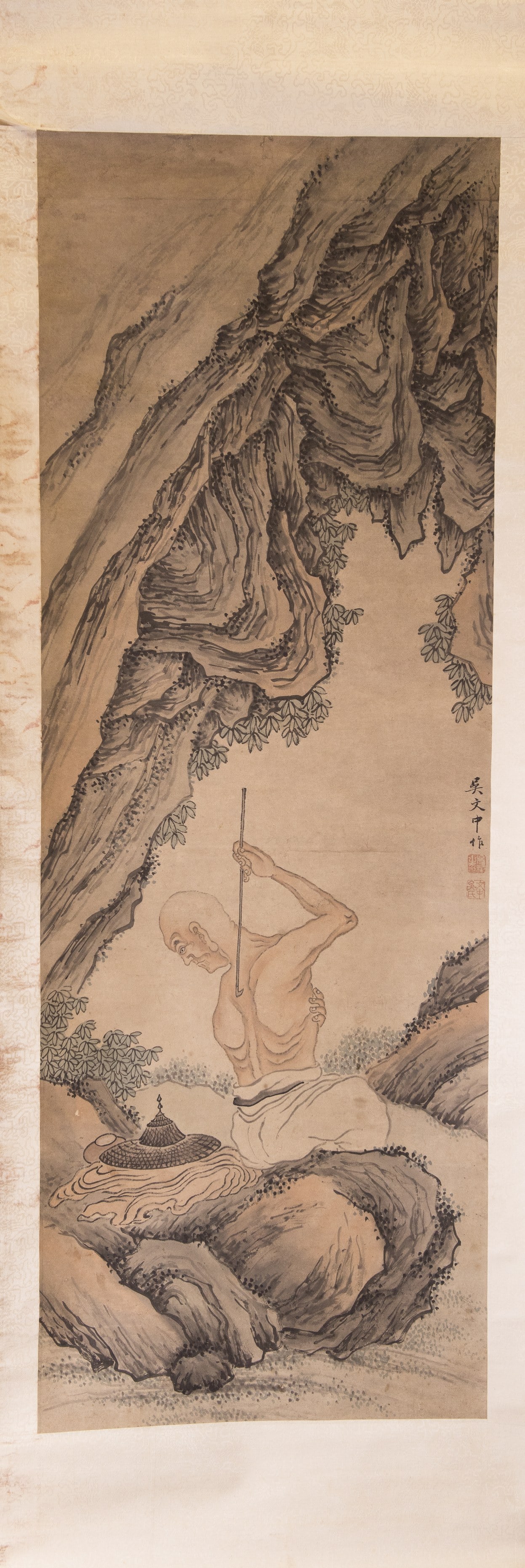 WU WENZHONG (QING DYNASTY), LUOHAN: Wu Wenzhong (Qing dynasty), Luohan. Ink and color on paper, hanging scroll. 46.85"h x 16.54"w (119 x 42 cm) Provenance: Property of an estate in Gaithersburg, MD.