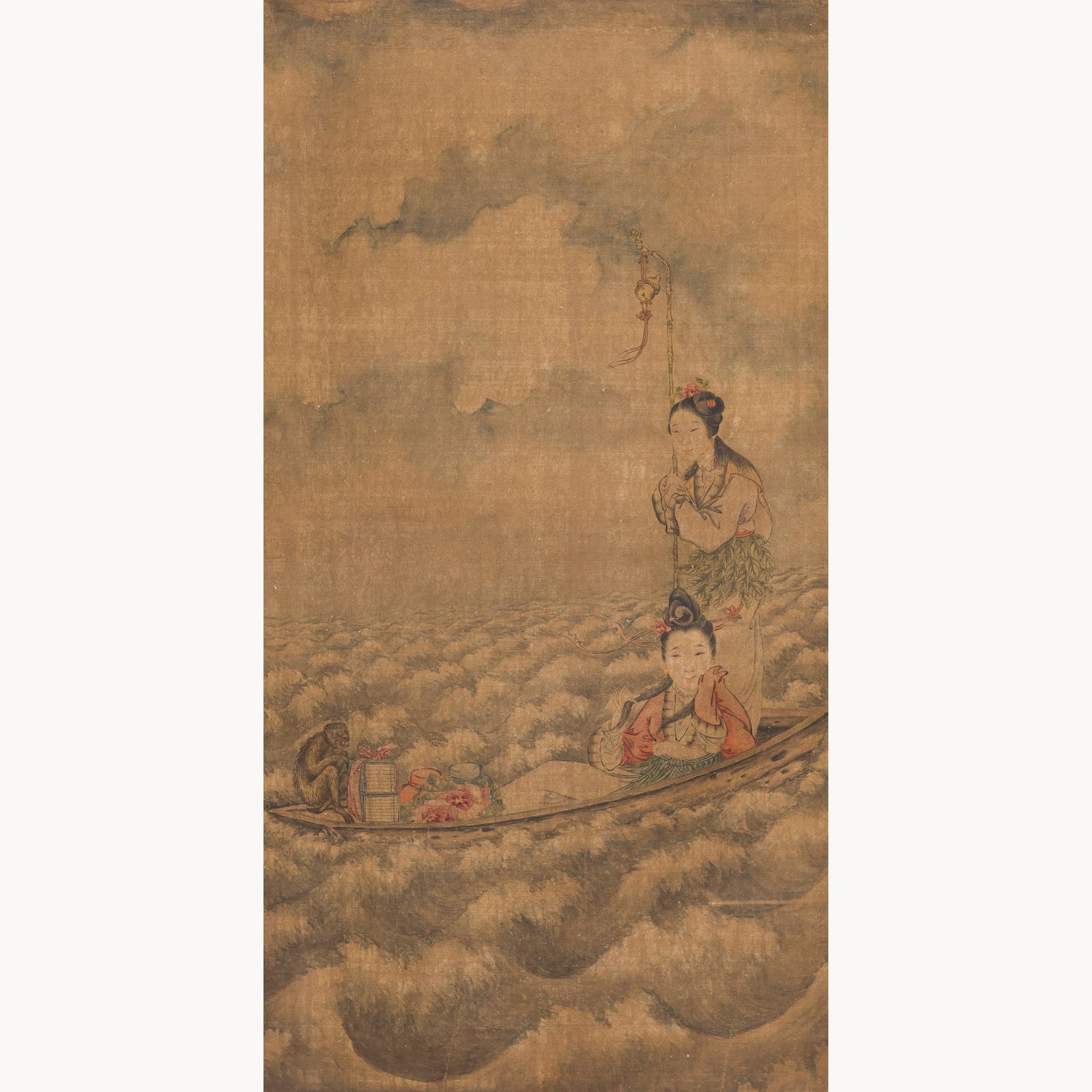ANONYMOUS (QING DYNASTY), CHINESE PAINTING OF TWO BEAUTIES: Anonymous (Qing dynasty), Chinese painting of two beauties. Ink and color on paper, hanging scroll. 28"h x 14.5"w (70 x 37 cm) Provenance: Property of an estate in Texas.