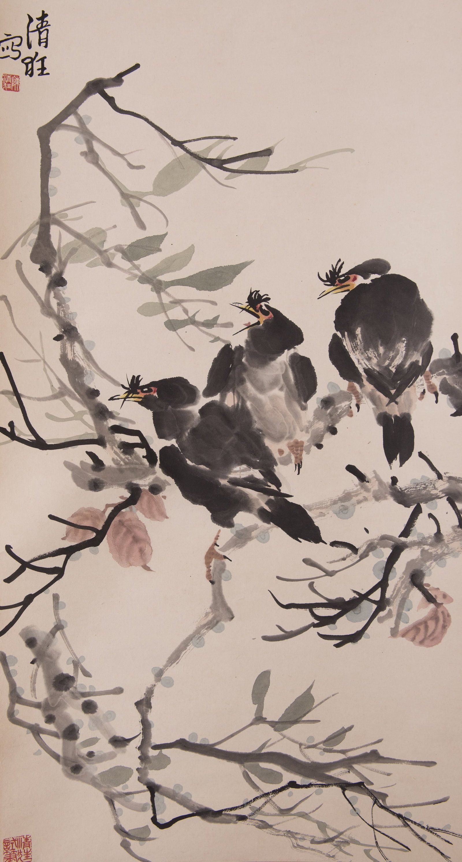 ANONYMOUS (19TH/20TH CENTURY), BIRDS: Anonymous (19th/20th century), birds. Ink and color on paper, hanging scroll. 25.59"h x 13.27"w (65 x 33.7 cm)