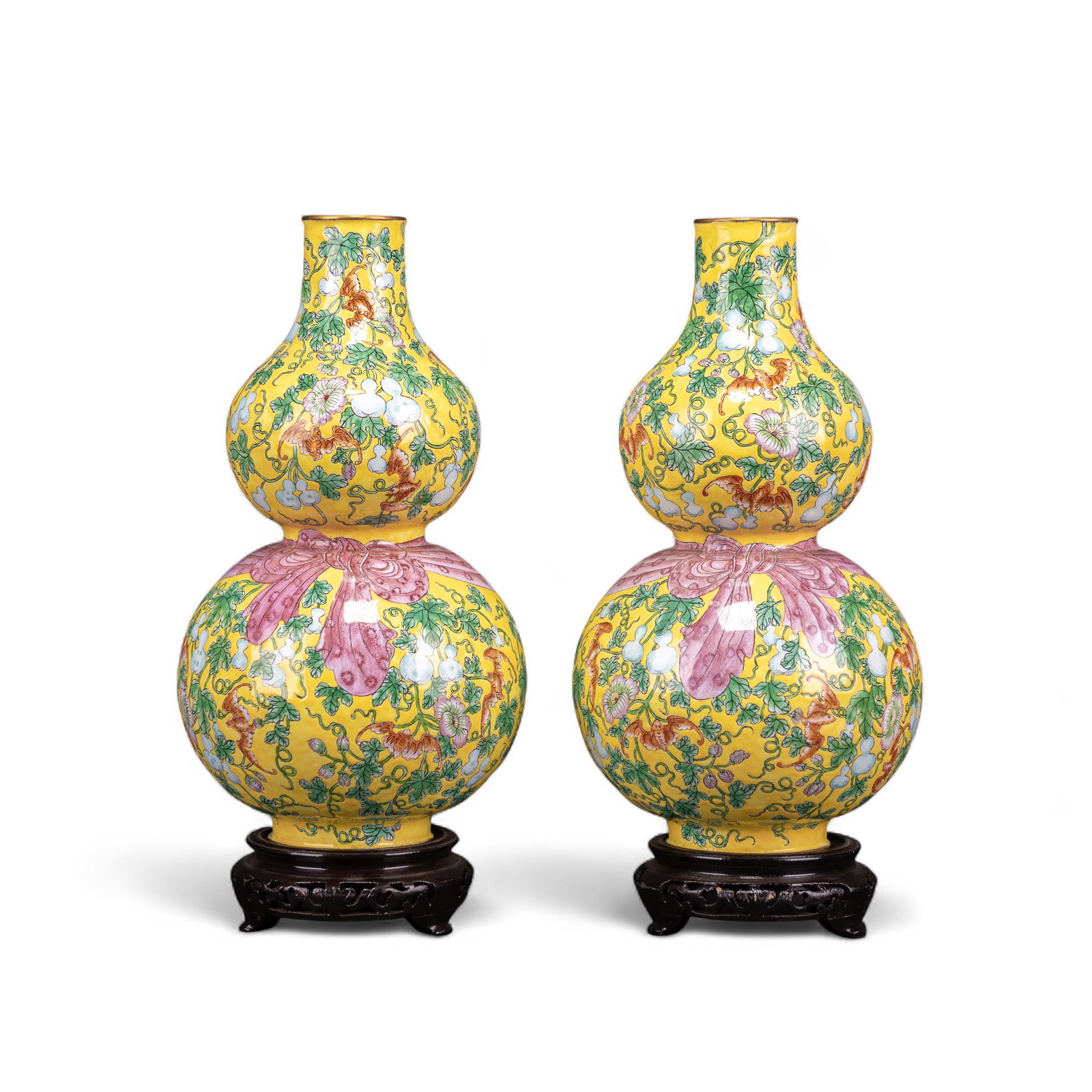 (LOT OF 2) PAIR OF ENAMELED DOUBLE-GOURD BRONZE VASES WITH BASES, REPUBLIC PERIOD: (lot of 2) Pair of enameled double-gourd bronze vases with bases, Republic period, each cast in double-gourd form with a ribbon around the center and delicately enameled with flowers and a