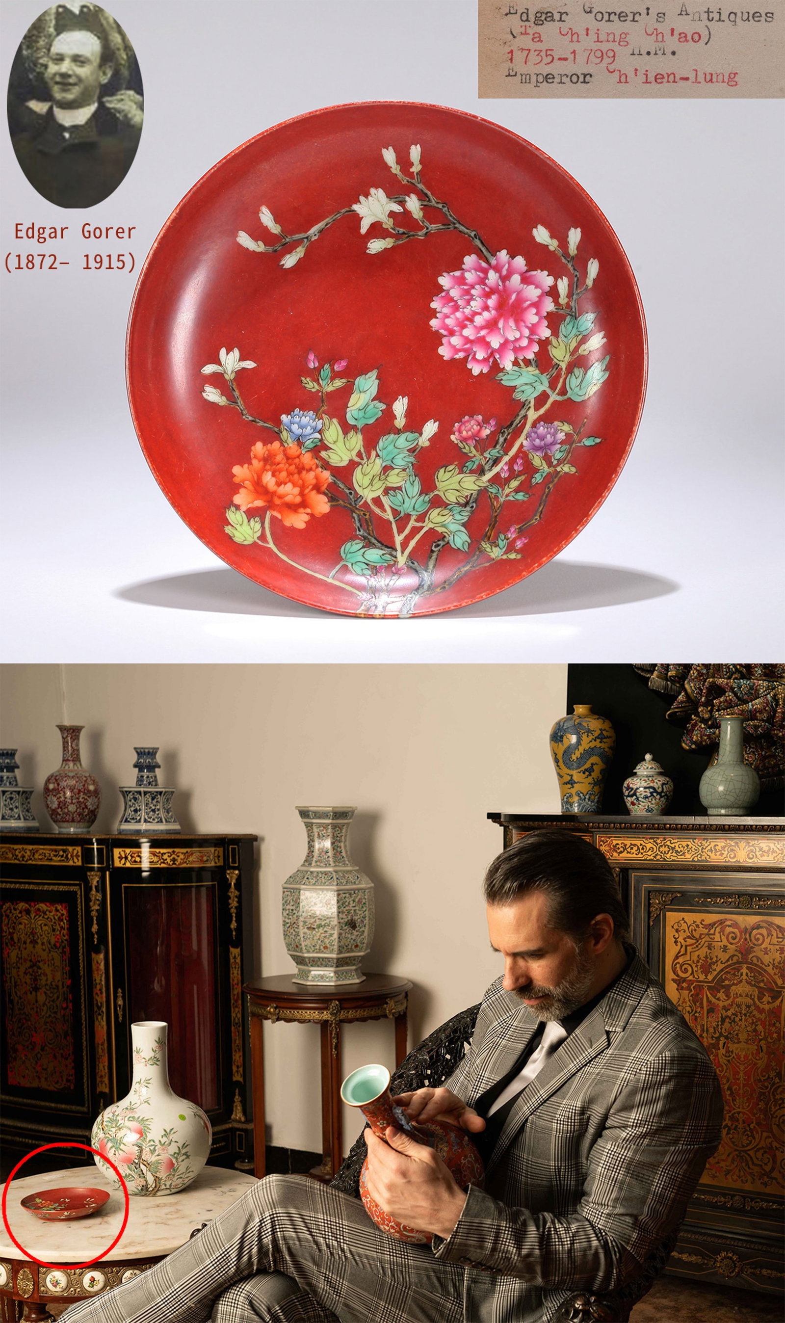 A RED-GROUND FAMILLE-ROSE 'FLORAL' DISH (1 of 10)
