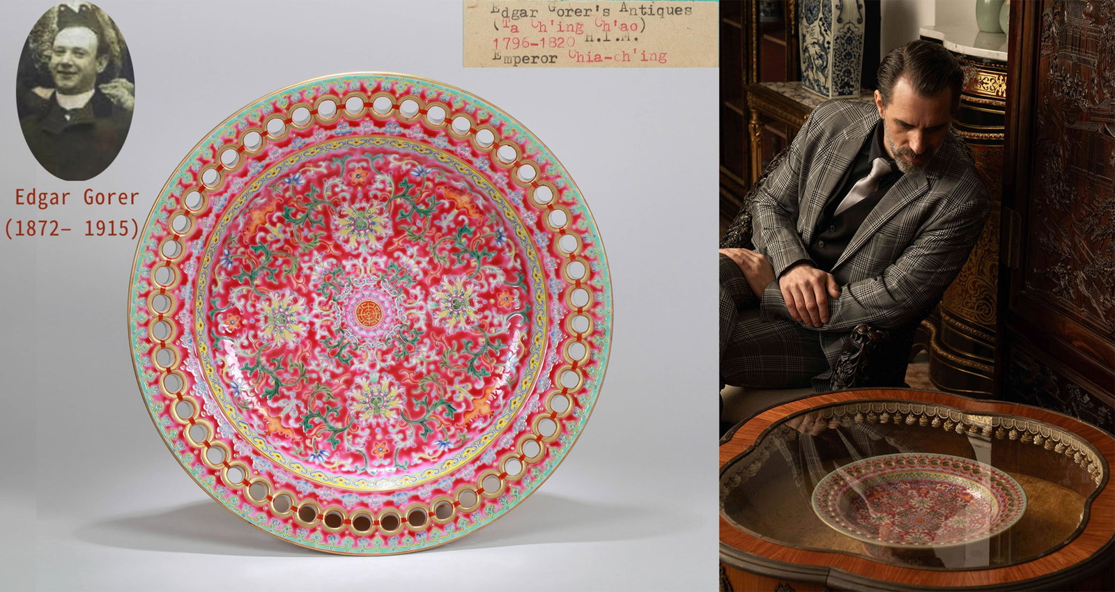 A RUBY-GROUND FAMILLE-ROSE PIERCED STEM DISH (1 of 13)
