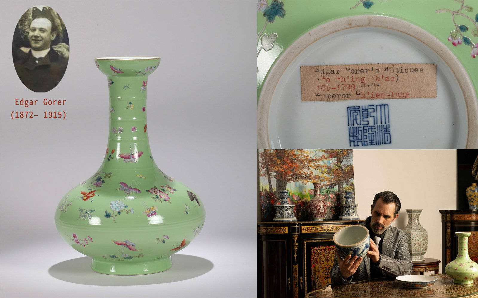 A GREEN-GROUND FAMILLE-ROSE 'FLOWERS AND BUTTERFLIES' DISH-RIMMED VASE (1 of 12)