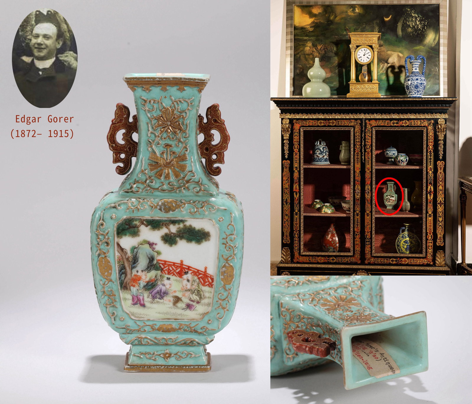 A TURQUOISE-GROUND FAMILLE-ROSE SQUARE-FORM VASE WITH LANDSCAPE PANELS: A turquoise-ground famille-rose flattened square-form vase with landscape panels and double handles. Height 20.5 cm.