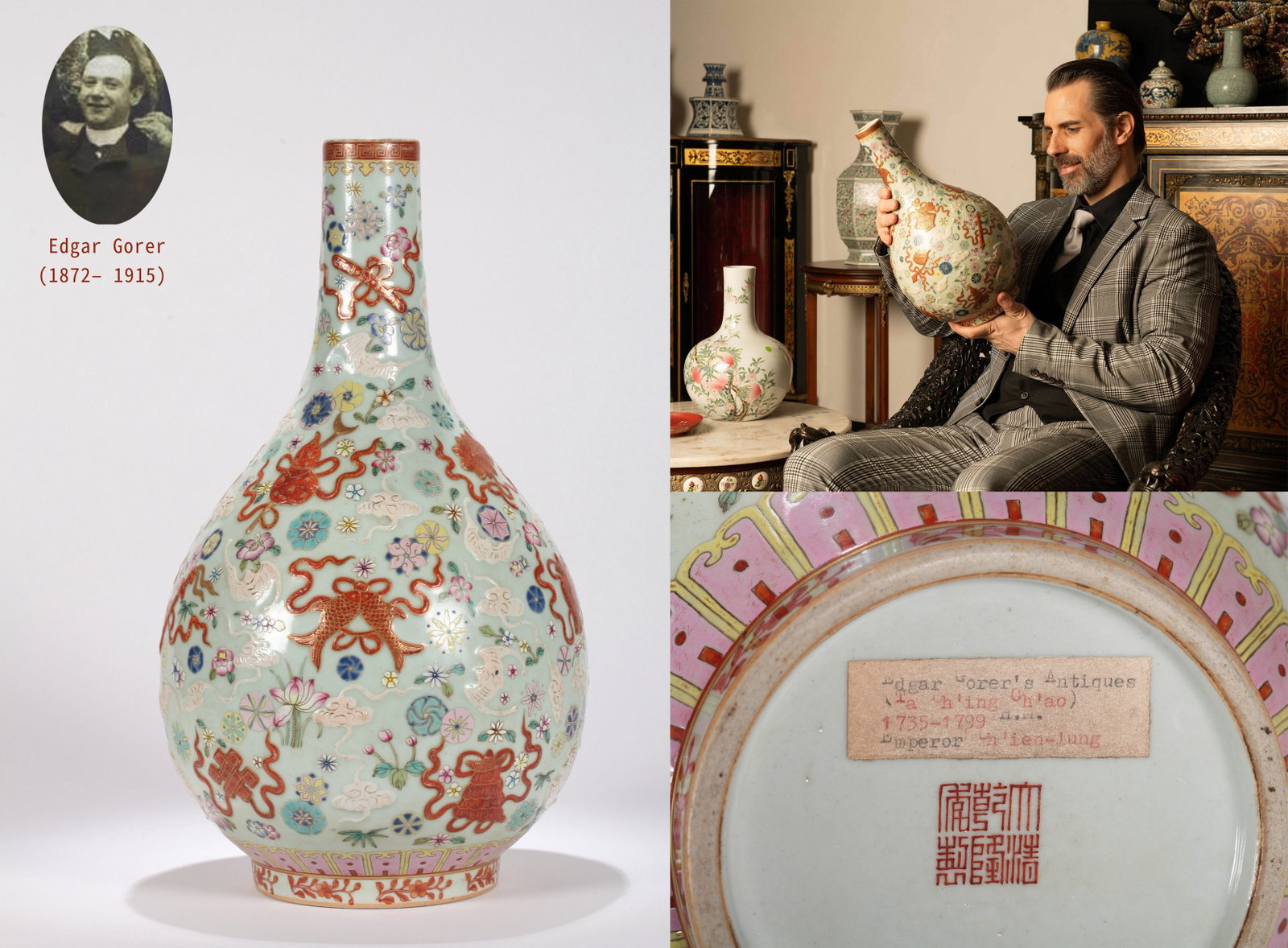 A FAMILLE-ROSE CARVED PORCELAIN 'EIGHT BUDDHIST EMBLEMS' DANPING VASE: A famille-rose carved porcelain danping vase decorated with the Eight Buddhist Emblems. Height 41 cm.