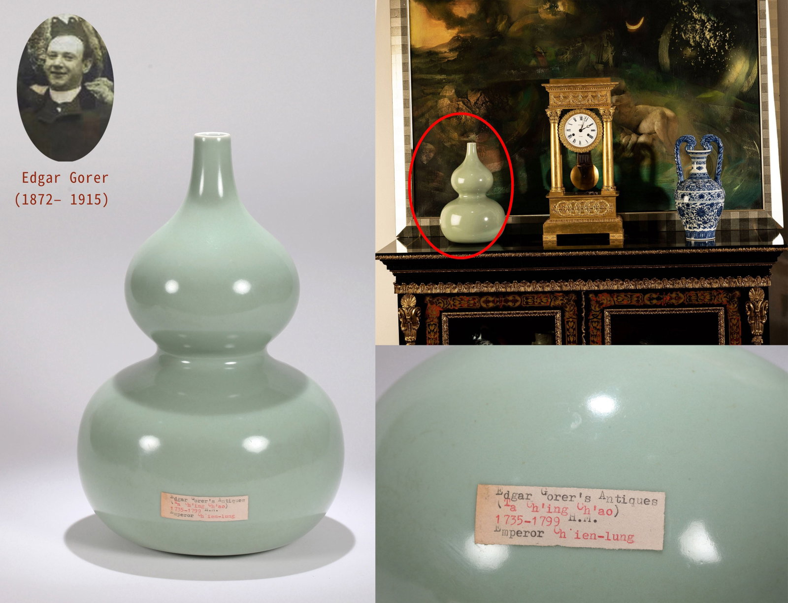 A CELADON-GLAZED DOUBLE-GOURD VASE: A double-gourd vase covered with a celadon glaze. Height 32 cm.