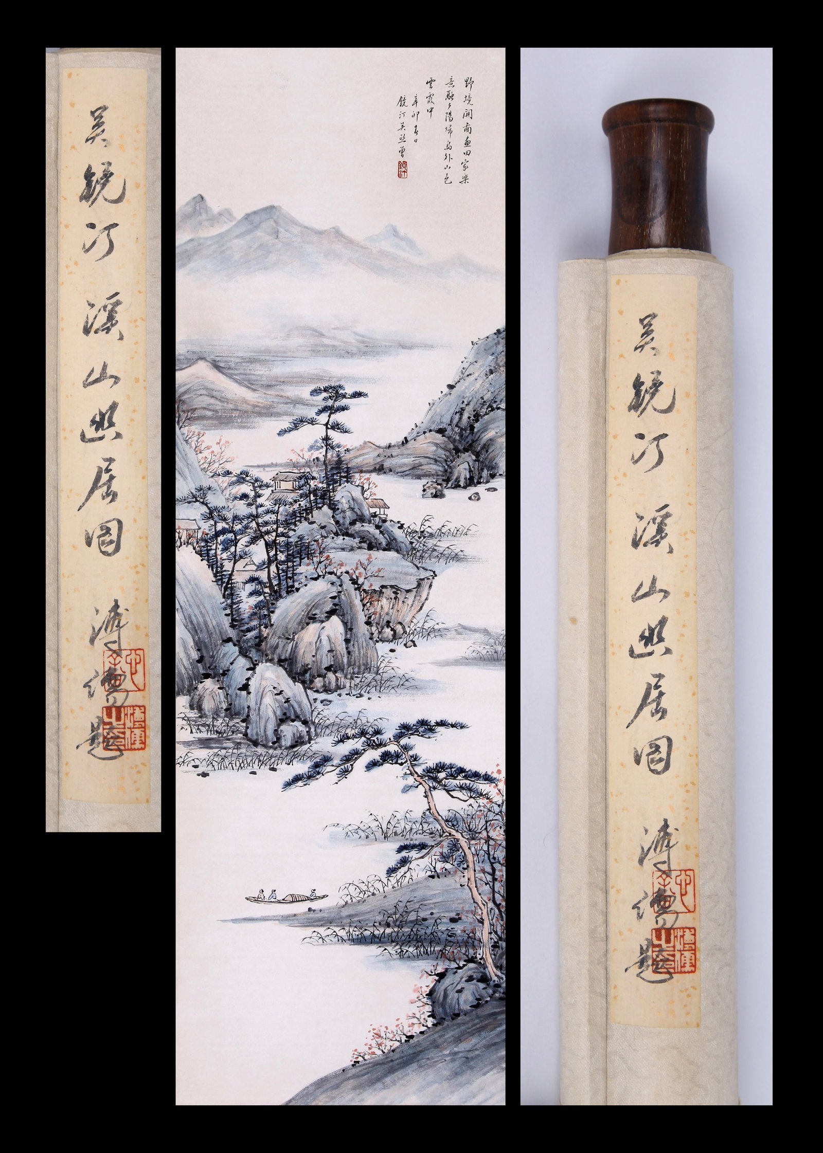 WU JINGTING, ATTRIBUTED TO, MOUNTAIN RETREAT, HANGING SCROLL: Attributed to Wu Jingting. Mountain retreat. Ink and color on paper, hanging scroll. 107 x 34 cm. Condition: Creases and stains to the mounting and painting. Note: By repute, from the collection of Pu