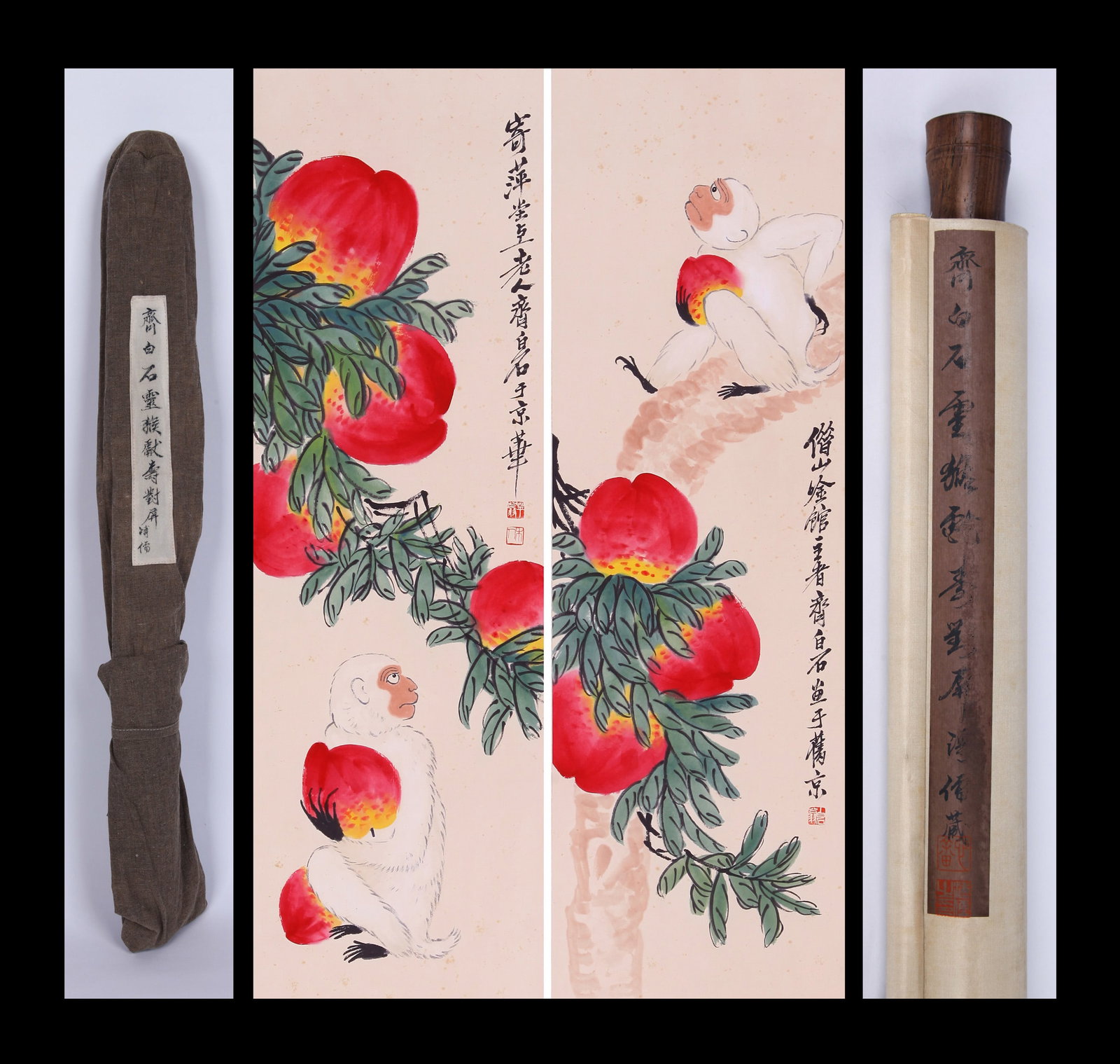 QI BAISHI (CHI PAI-SHIH), ATTRIBUTED TO, MONKEYS AND PEACHES, PAIR OF HANGING SCROLLS: Attributed to Qi Baishi (Chi Pai-shih). Monkeys and peaches. Ink and color on paper, pair of hanging scrolls. 79.5 x 25 cm(2). Condition: Creases, stains and foxing to the mounting and painting. Note: