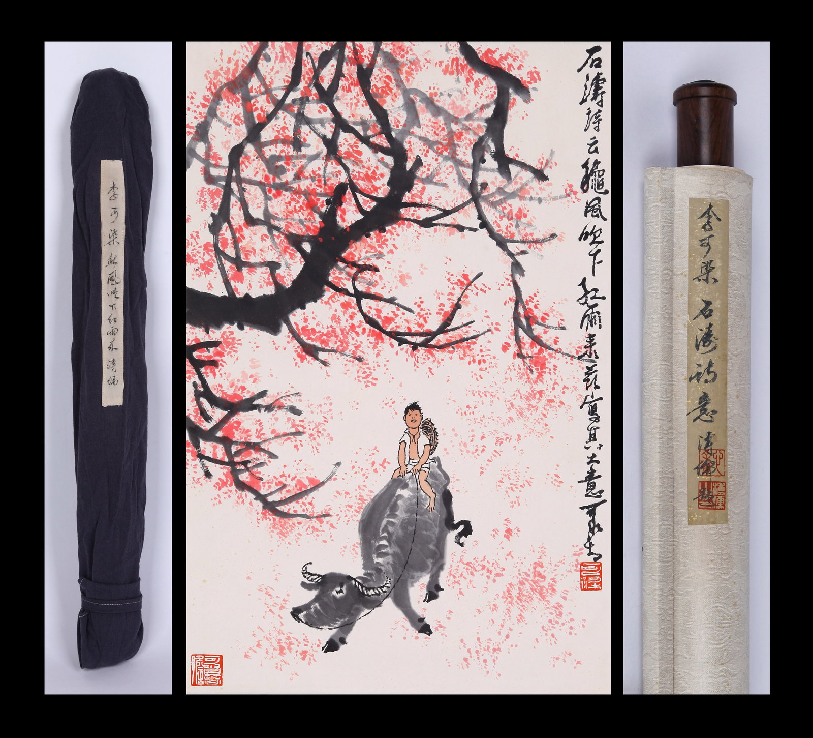 LI KERAN (LI K'O-JAN), ATTRIBUTED TO, BOY RIDING A WATER BUFFALO BENEATH A TREE, HANGING SCROLL: Attributed to Li Keran (Li K'o-jan). Boy riding a water buffalo beneath a tree. Ink and color on paper, hanging scroll. 68.5 x 44.5 cm. Condition: Creases, stains and foxing to the mounting and painti