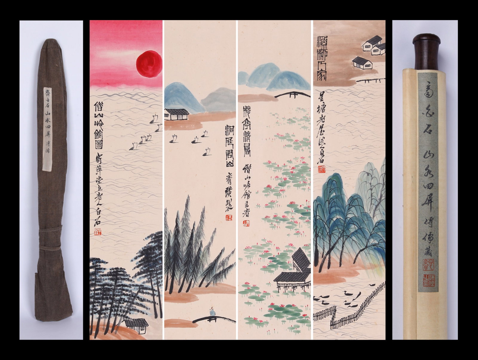 QI BAISHI (CHI PAI-SHIH), ATTRIBUTED TO, LANDSCAPES, SET OF FOUR HANGING SCROLLS: Attributed to Qi Baishi (Chi Pai-shih). Landscapes. Ink and color on paper, set of four hanging scrolls. 65.5 x 15 cm(4). Condition: Creases, stains and foxing to the mounting and painting. Note: By r