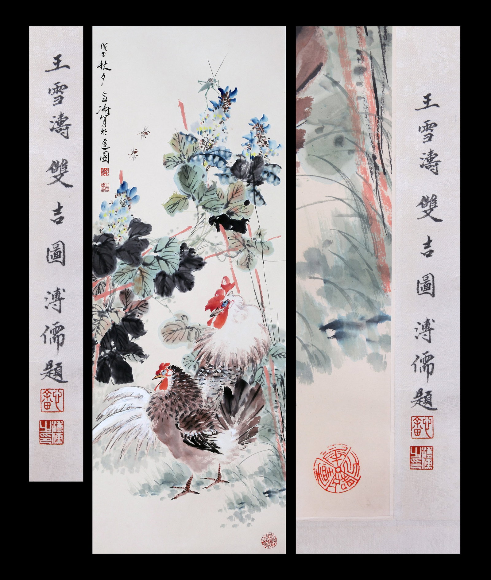 WANG XUETAO, ATTRIBUTED TO, ROOSTER AND HEN, MOUNTED FOR FRAMING: Attributed to Wang Xuetao. Rooster and hen. Ink and color on paper, mounted for framing. 96 x 35 cm. Condition: Creases and stains to the mounting and painting. Note: By repute, from the collection