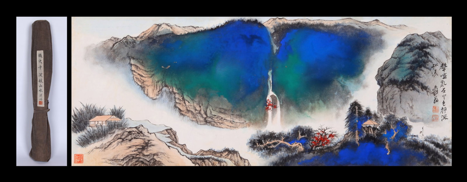 ZHANG DAQIAN (CHANG DAI-CHIEN), ATTRIBUTED TO, LANDSCAPE WITH STREAM, MOUNTED FOR FRAMING: Attributed to Zhang Daqian (Chang Dai-chien). Landscape with stream. Ink and color on paper, mounted for framing. 47 x 119 cm. Condition: Creases, stains and foxing to the mounting and painting.
