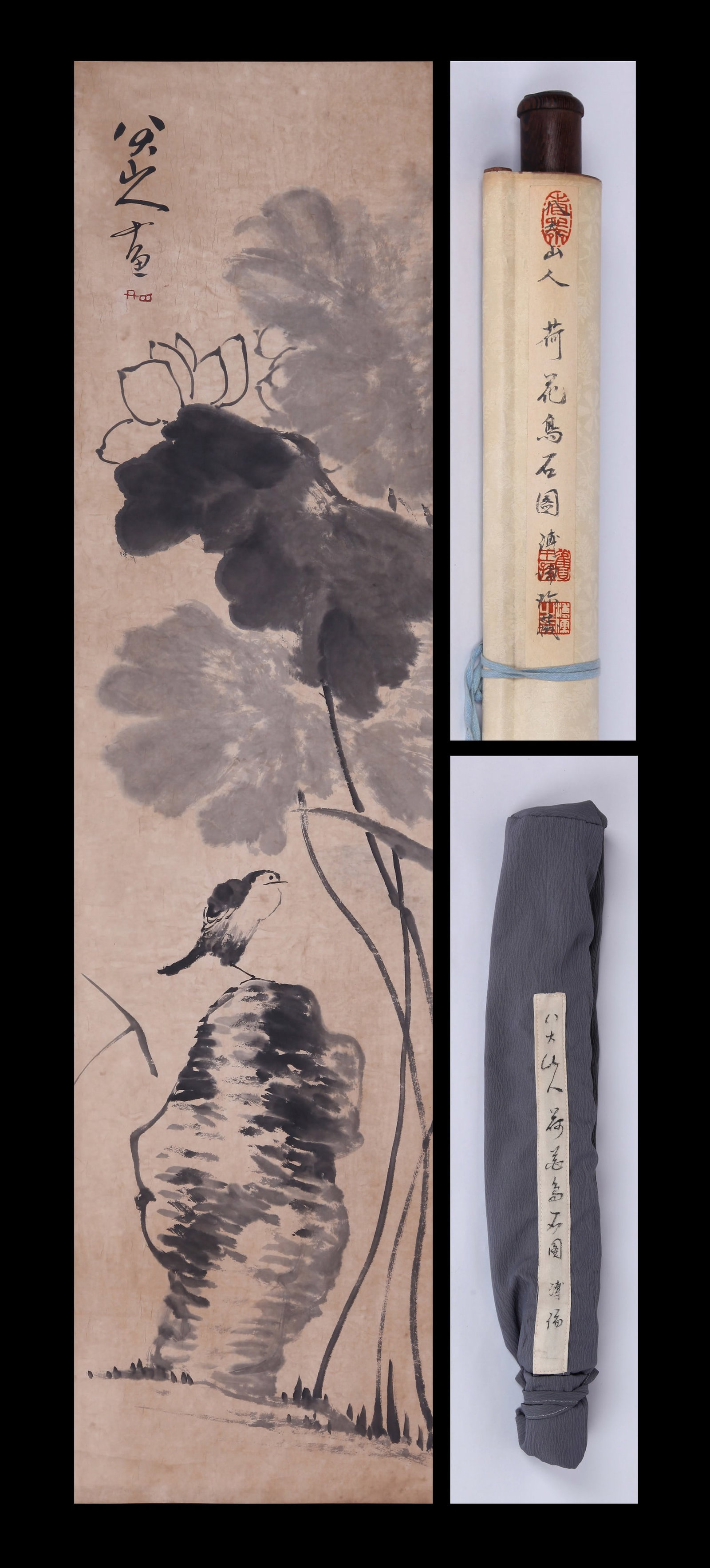 BADA SHANREN, ATTRIBUTED TO, LOTUS, BIRD AND ROCK, HANGING SCROLL: Attributed to Bada Shanren. Lotus, bird and rock. Ink and color on paper, hanging scroll. 137 x 34 cm. Condition: Creases and stains to the mounting and painting. Note: By repute, from the collection