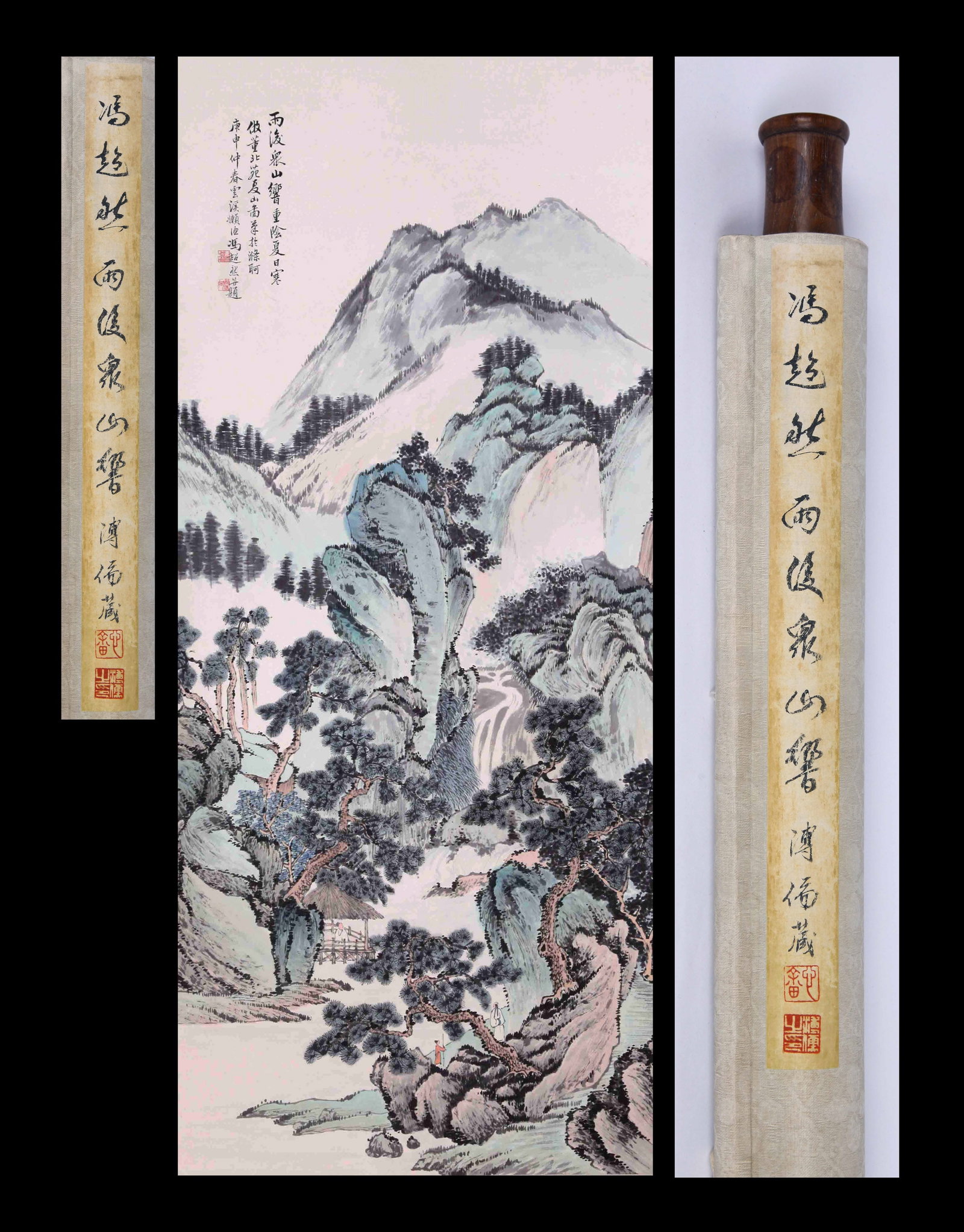 FENG CHAORAN, ATTRIBUTED TO, MOUNTAINS AFTER RAIN, HANGING SCROLL: Attributed to Feng Chaoran. Mountains after rain. Ink and color on paper, hanging scroll. 136 x 59 cm. Condition: Creases, stains and foxing to the mounting and painting. Note: By repute, from the