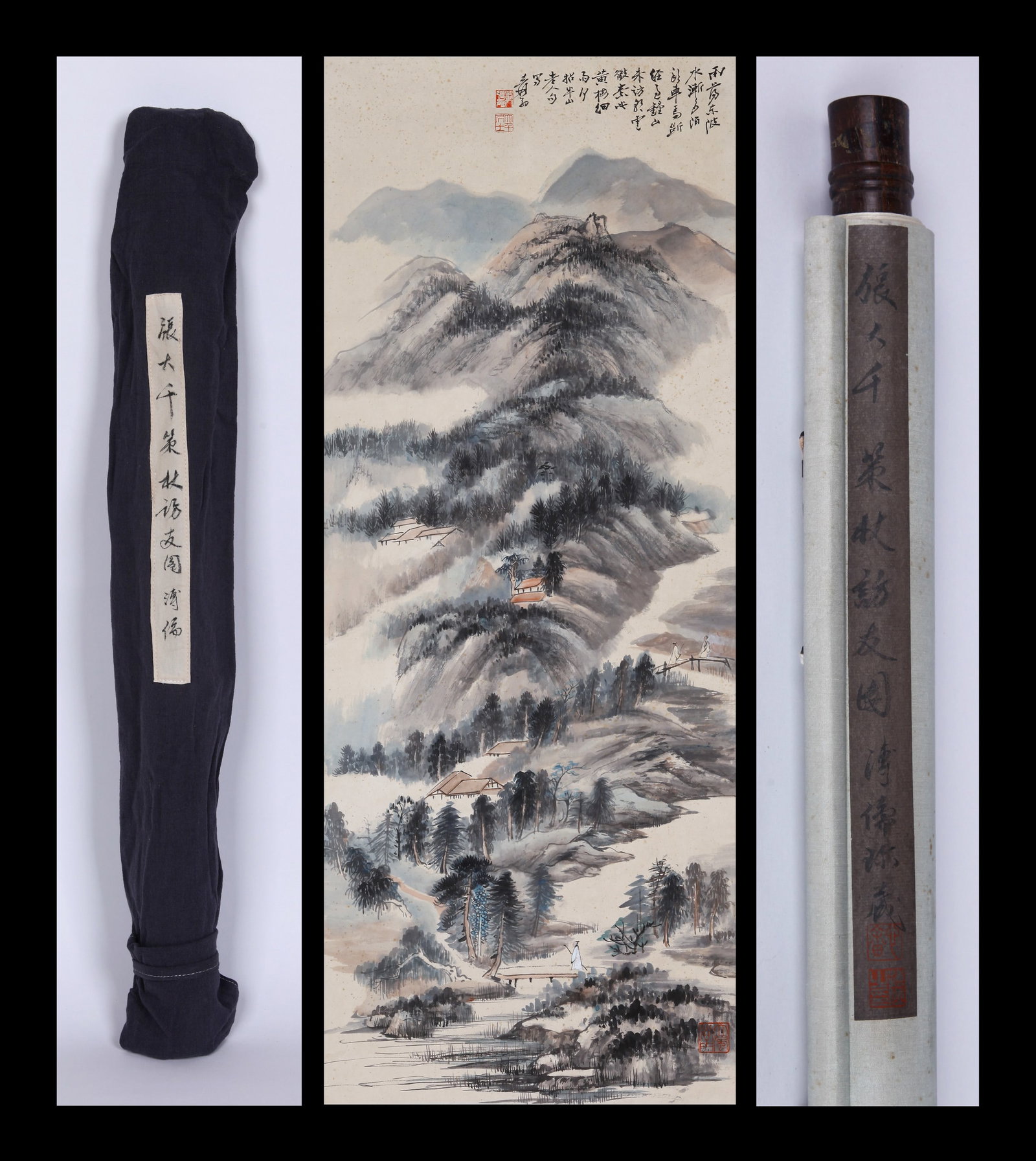 ZHANG DAQIAN (CHANG DAI-CHIEN), ATTRIBUTED TO, VISITING A FRIEND IN MOUNTAINS, HANGING SCROLL: Attributed to Zhang Daqian (Chang Dai-chien). Visiting a friend in mountains. Ink and color on paper, hanging scroll. 108.5 x 42.5 cm. Condition: Creases, stains and foxing to the mounting and