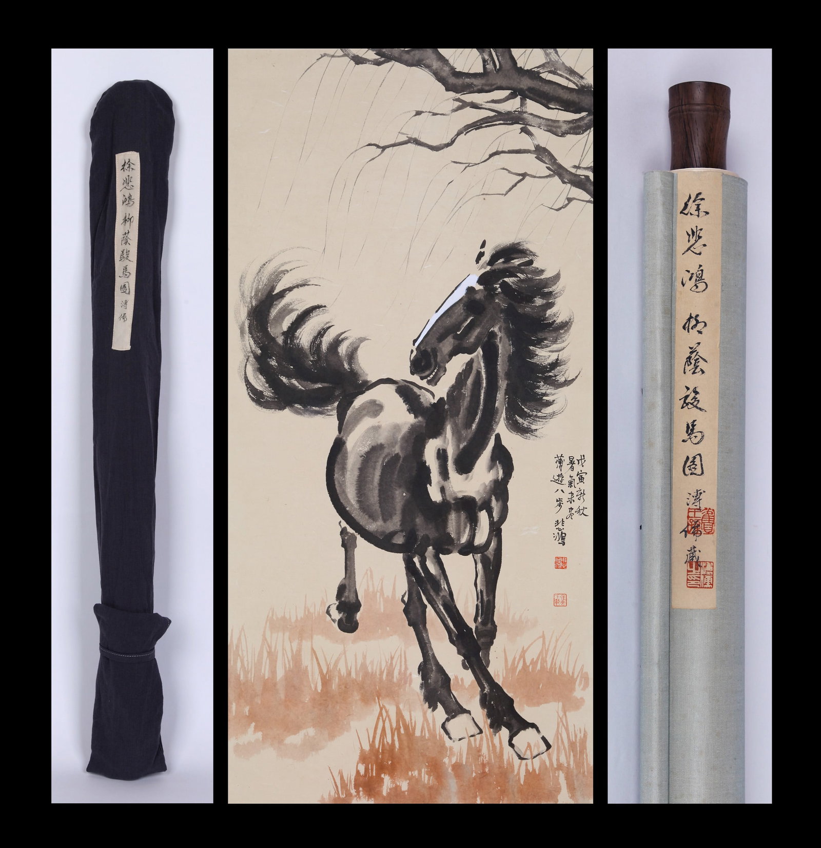 XU BEIHONG (HSU PEI-HUNG), ATTRIBUTED TO, HORSE UNDER WILLOWS, HANGING SCROLL: Attributed to Xu Beihong (Hsu Pei-hung). Horse under willows. Ink and color on paper, hanging scroll. 138 x 67 cm. Condition: Creases, stains and foxing to the mounting and painting. Note: By repute, 