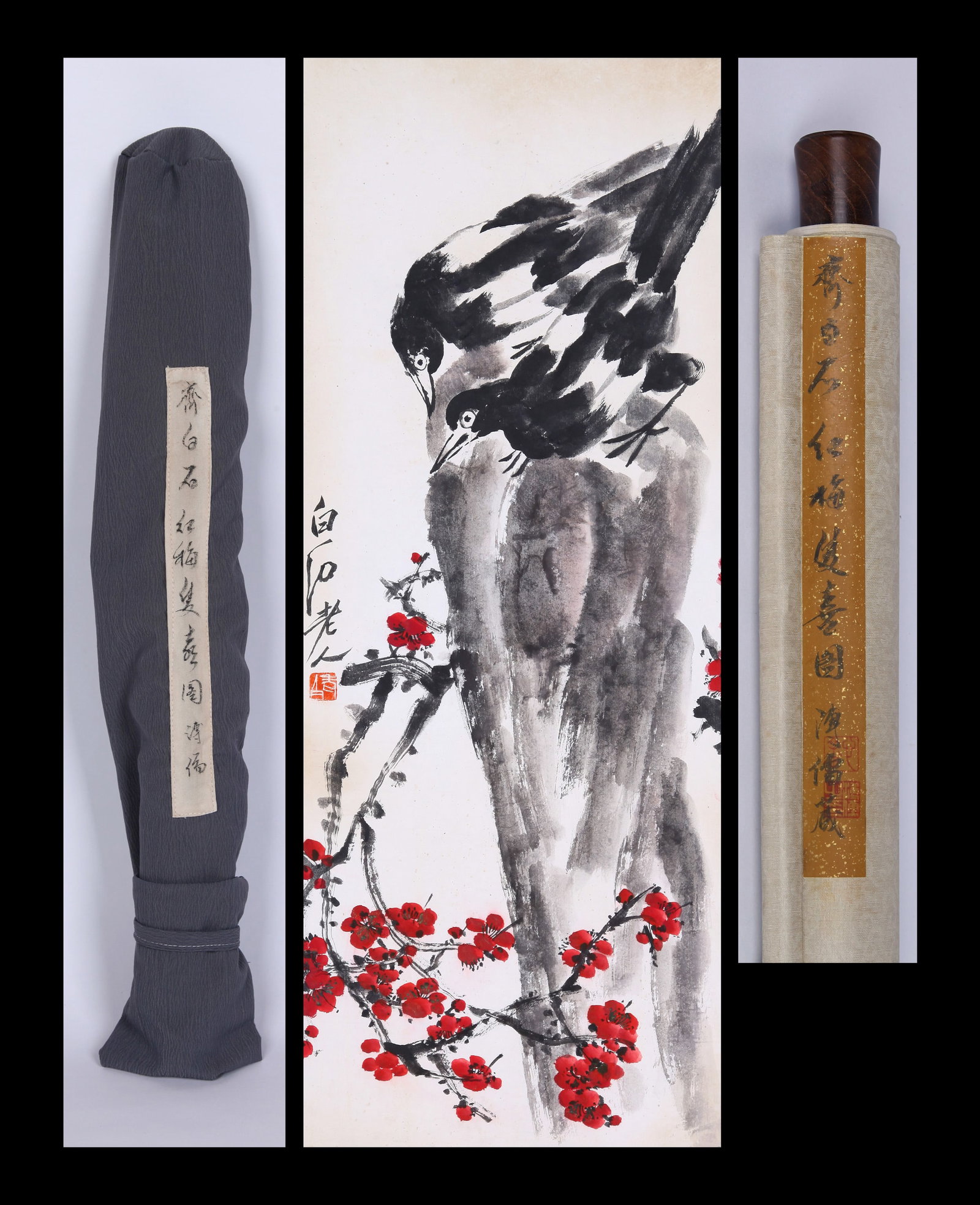 QI BAISHI (CHI PAI-SHIH), ATTRIBUTED TO, RED PLUM BLOSSOMS AND MAGPIES, HANGING SCROLL: Attributed to Qi Baishi (Chi Pai-shih). Red plum blossoms and magpies. Ink and color on paper, hanging scroll. 90 x 35 cm. Condition: Creases, stains and foxing to the mounting and painting. Note: By 