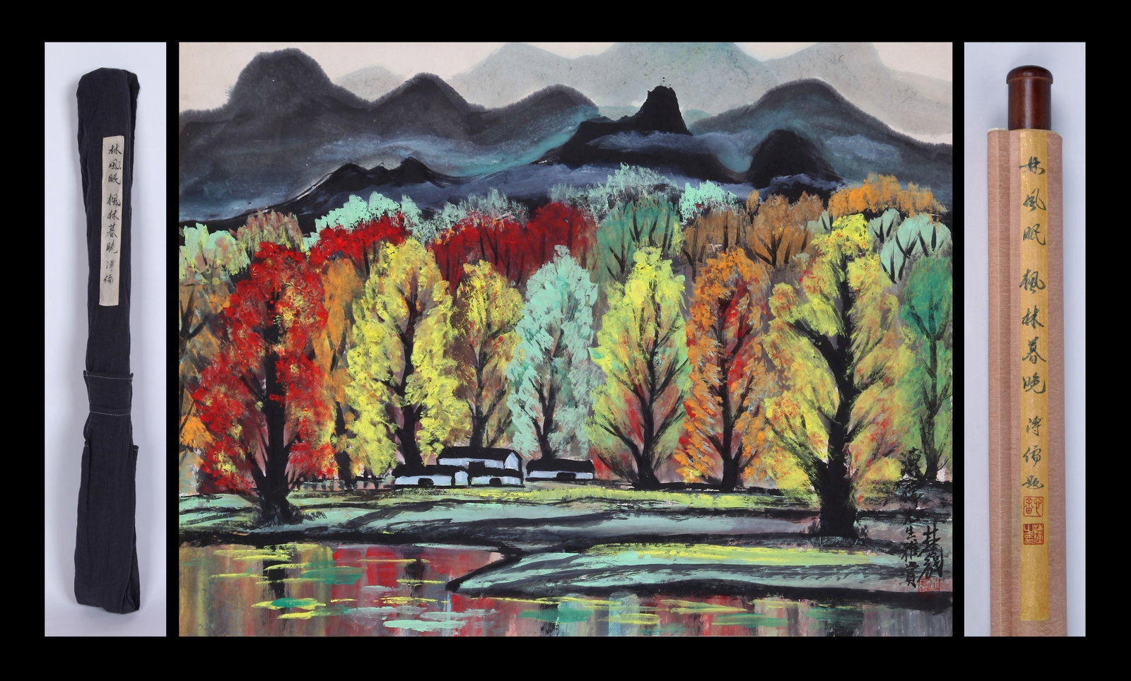 LIN FENGMIAN, ATTRIBUTED TO, MAPLE GROVE AT DUSK, HANGING SCROLL: Attributed to Lin Fengmian. Maple grove at dusk. Ink and color on paper, hanging scroll. 53 x 68 cm. Condition: Creases and stains to the mounting and painting. Note: By repute, from the collection of
