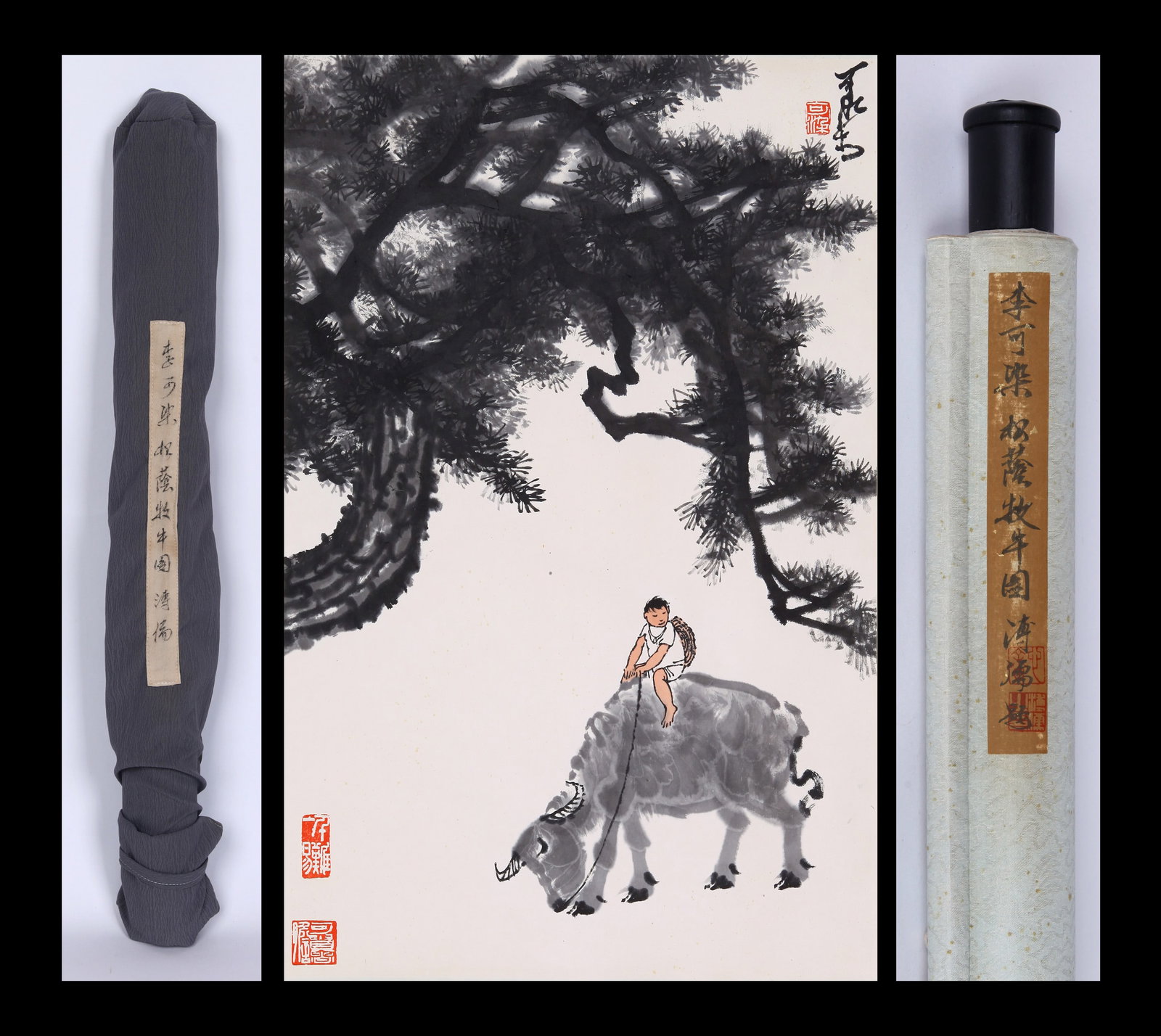 LI KERAN (LI K'O-JAN), ATTRIBUTED TO, BOY RIDING A WATER BUFFALO, HANGING SCROLL: Attributed to Li Keran (Li K'o-jan), a boy riding a water buffalo. On paper, hanging scroll. 68 x 44 cm. Condition: Creases, stains and foxing to the mounting and painting. Note: By repute, from the c