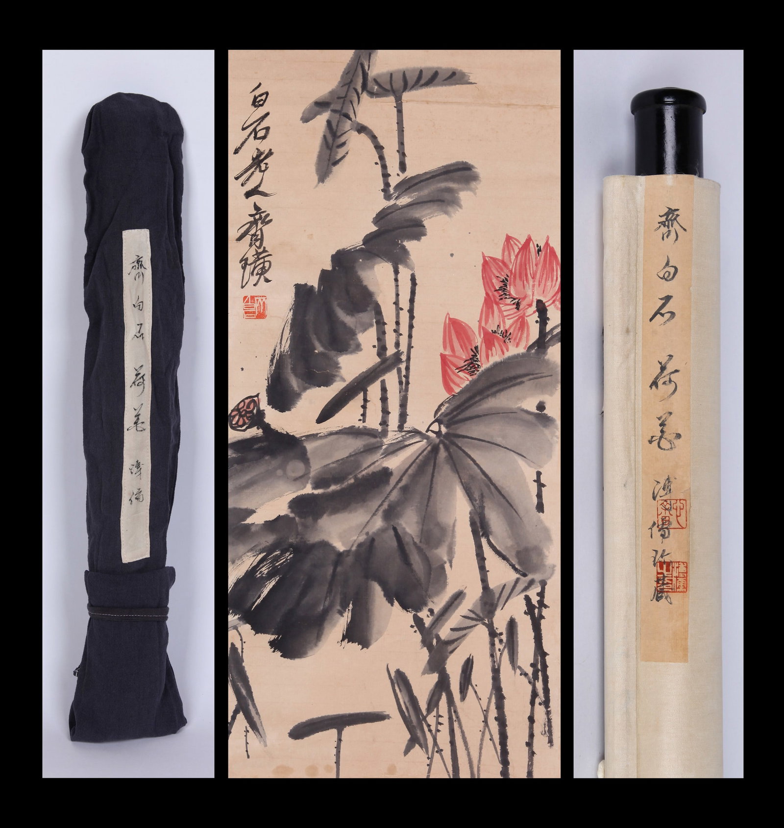 QI BAISHI (CHI PAI-SHIH), ATTRIBUTED TO, LOTUS, HANGING SCROLL: Attributed to Qi Baishi (Chi Pai-shih). Lotus. Ink and color on paper, hanging scroll. 73.5 x 33.5 cm. Condition: Creases and stains to the mounting and painting. Note: By repute, from the collection 
