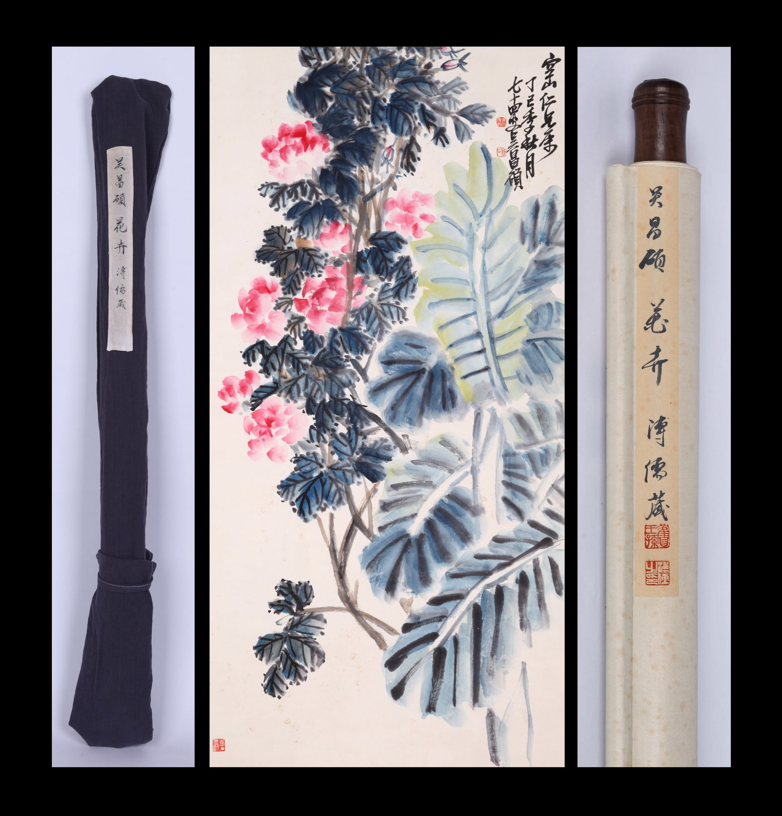WU CHANGSHUO, ATTRIBUTED TO, FLOWERS, HANGING SCROLL: Attributed to Wu Changshuo. Flowers. Ink and color on paper, hanging scroll. 137 x 68 cm. Condition: Creases, stains and foxing to the mounting and painting. Note: By repute, from the collection of Pu
