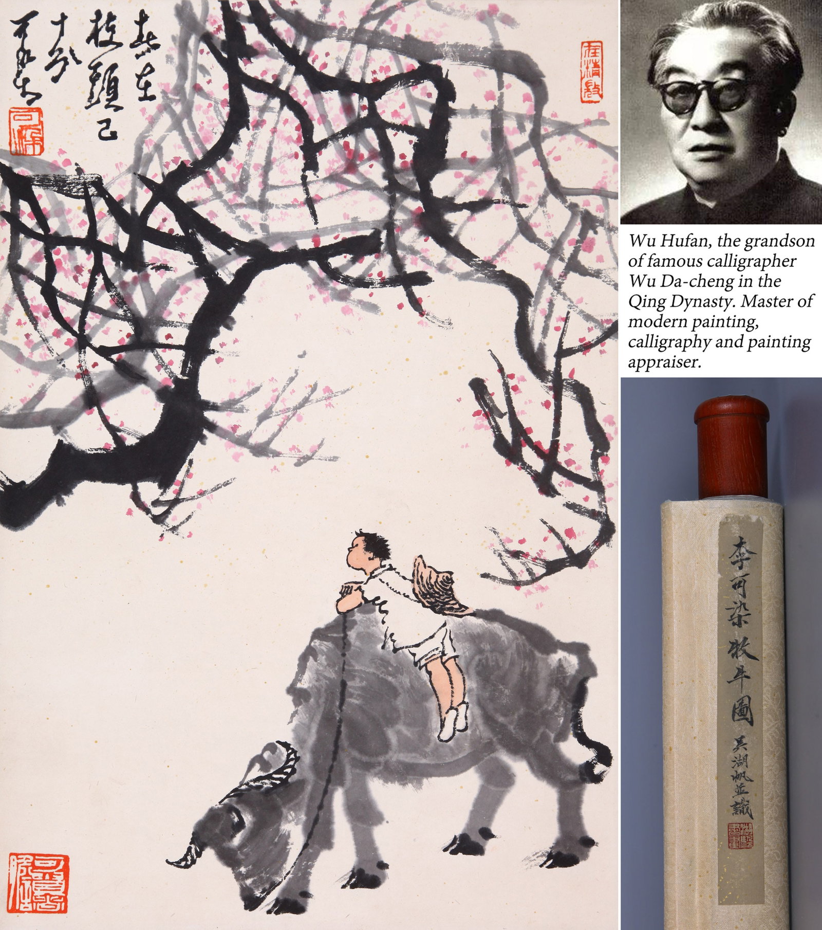 LI KERAN (LI K'O-JAN), ATTRIBUTED TO, BOY RIDING A WATER BUFFALO BENEATH FLOWERING BRANCHES, HANGING: Attributed to Li Keran (Li K'o-jan), boy riding a water buffalo beneath flowering branches. On paper, hanging scroll. 51.5 x 34 cm. Condition: Creases, stains and foxing to the mounting and painting. 