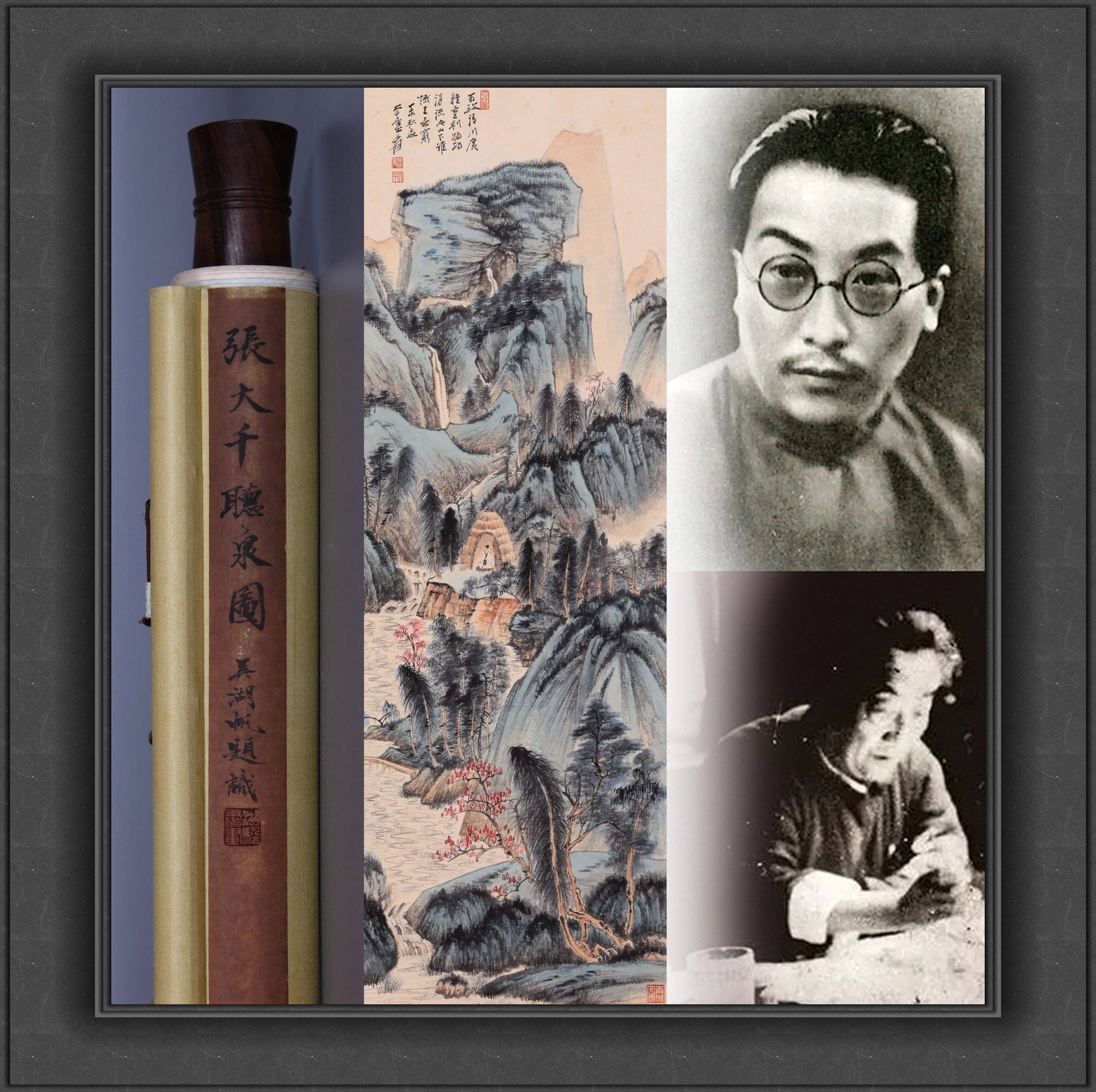 ZHANG DAQIAN (CHANG DAI-CHIEN), ATTRIBUTED TO, LISTENING TO THE STREAM, HANGING SCROLL: Attributed to Zhang Daqian (Chang Dai-chien). Listening to the stream. Ink and color on paper, hanging scroll. 118 x 39.5 cm. Condition: Creases, stains and foxing to the mounting and painting. Note: 