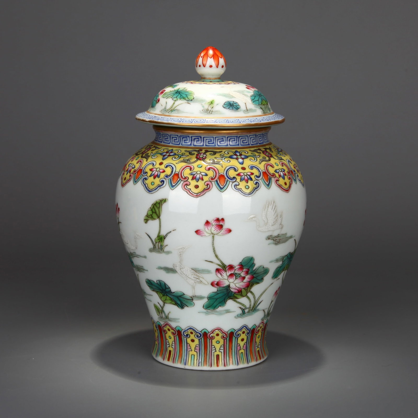 A FAMILLE-ROSE 'LOTUS POND' GENERAL'S JAR: A famille-rose general's jar decorated with a lotus pond scene. Height 18 cm.