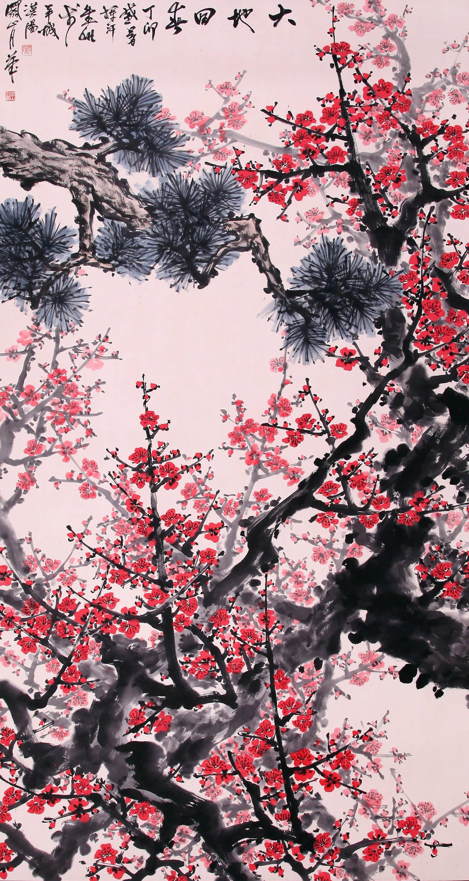 GUAN SHANYUE, ATTRIBUTED TO, PLUM BLOSSOMS AND PINE, MOUNTED FOR FRAMING: Attributed to Guan Shanyue. Plum blossoms and pine. Ink and color on paper, mounted for framing. 178 x 95 cm. Condition: Creases, stains and foxing to the mounting and painting.