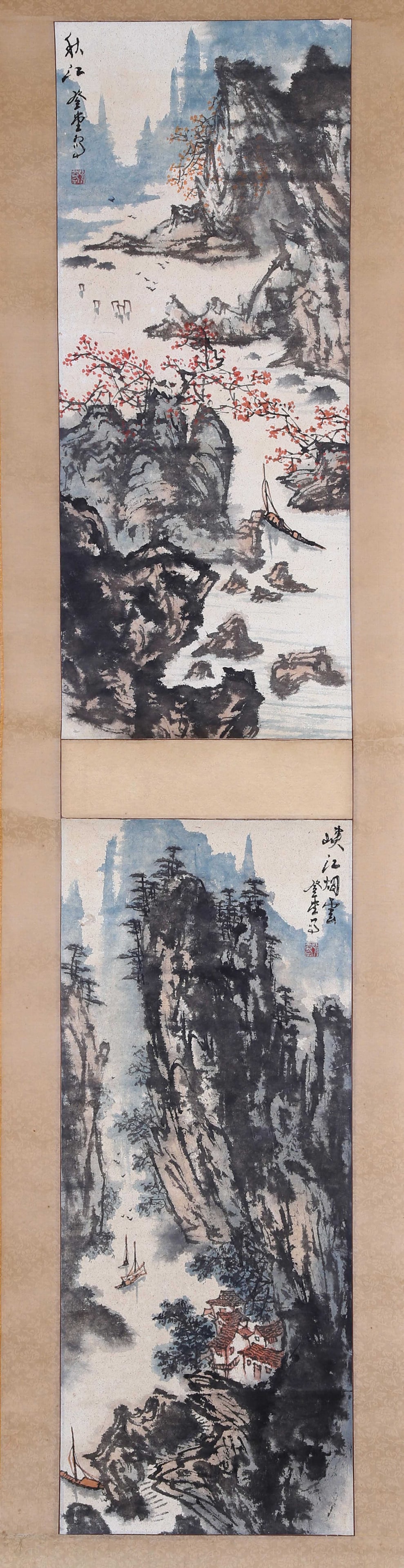 ZHANG DENGTANG, ATTRIBUTED TO, LANDSCAPES, TWO HANGING SCROLLS: Attributed to Zhang Dengtang. Landscapes. Ink and color on paper, two hanging scrolls. 68 x 27 cm. Condition: Creases and stains to the mounting and painting; damage to the mounting.