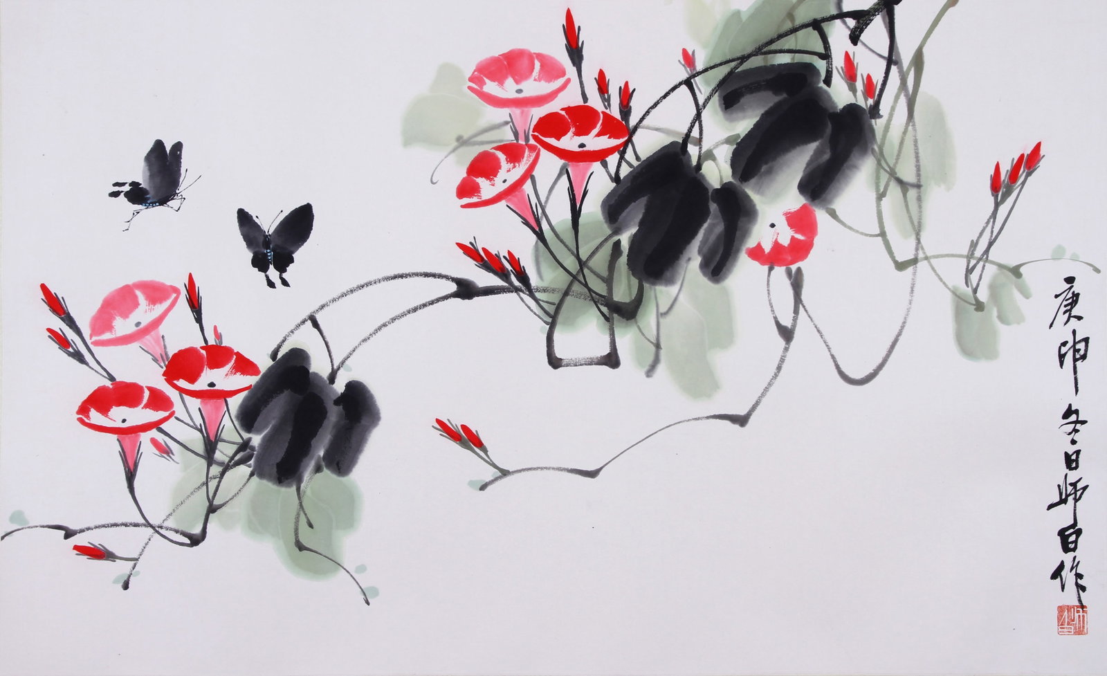 LOU SHIBAI, ATTRIBUTED TO, FLOWERS AND BUTTERFLIES, MOUNTED FOR FRAMING: Attributed to Lou Shibai. Flowers and butterflies. Ink and color on paper, mounted for framing. 58.5 x 96 cm. Condition: Creases and stains to the mounting and painting.