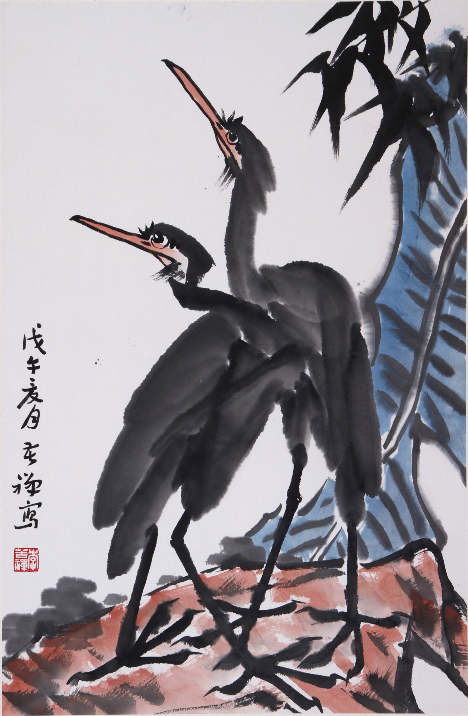 LI KUCHAN, ATTRIBUTED TO, TWO EGRETS, MOUNTED FOR FRAMING: Attributed to Li Kuchan, two egrets. On paper, mounted for framing. 69 x 44 cm. Condition: Creases to the mounting and painting.