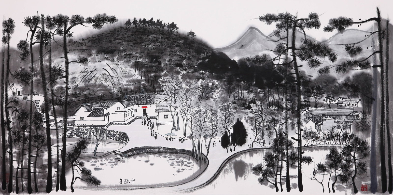 WU GUANZHONG (WU KUAN-CHUNG), ATTRIBUTED TO, SHAOSHAN LANDSCAPE, MOUNTED FOR FRAMING: Attributed to Wu Guanzhong (Wu Kuan-chung). Shaoshan landscape. Ink and color on paper, mounted for framing. 68 x 138 cm. Condition: Creases and stains to the mounting and painting.