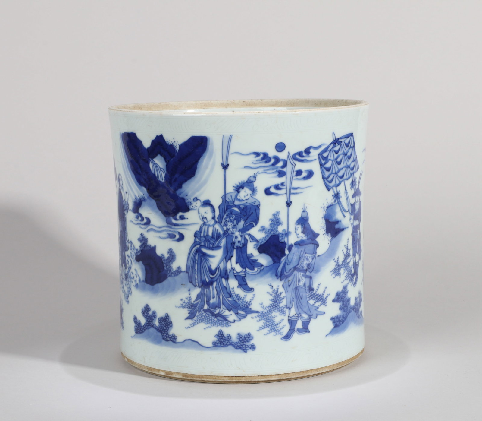 A BLUE-AND-WHITE 'FIGURAL' LARGE BRUSH POT (1 of 5)