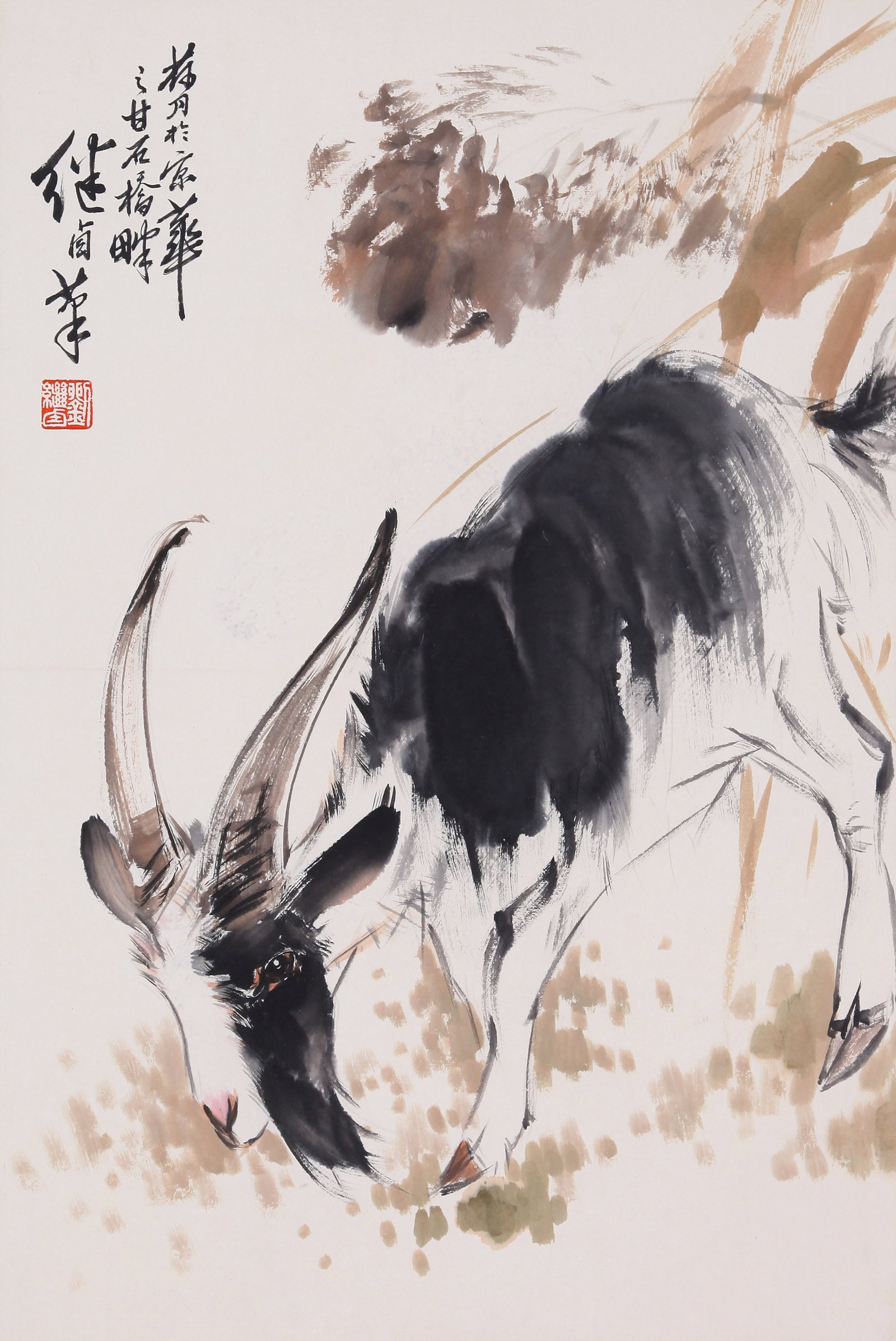 LIU JIYOU, ATTRIBUTED TO, GOAT, HANGING SCROLL: Attributed to Liu Jiyou. Goat. Ink and color on paper, hanging scroll. 67.5 x 45.5 cm. Condition: Creases and stains to the mounting and painting.