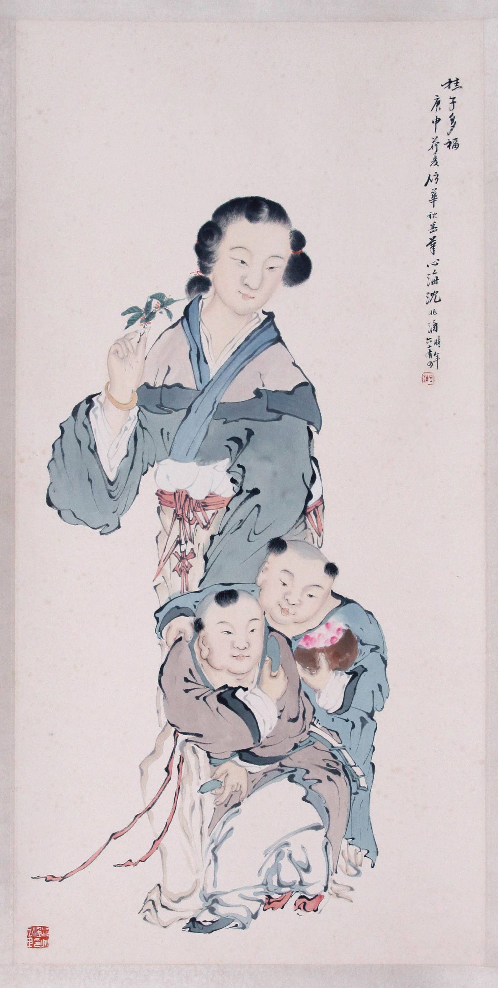 SHEN XINHAI, ATTRIBUTED TO, LADY AND CHILDREN, HANGING SCROLL: Attributed to Shen Xinhai. A lady with two children. Ink and color on paper, hanging scroll. 94 x 46 cm. Condition: Creases, stains and foxing to the mounting and painting.