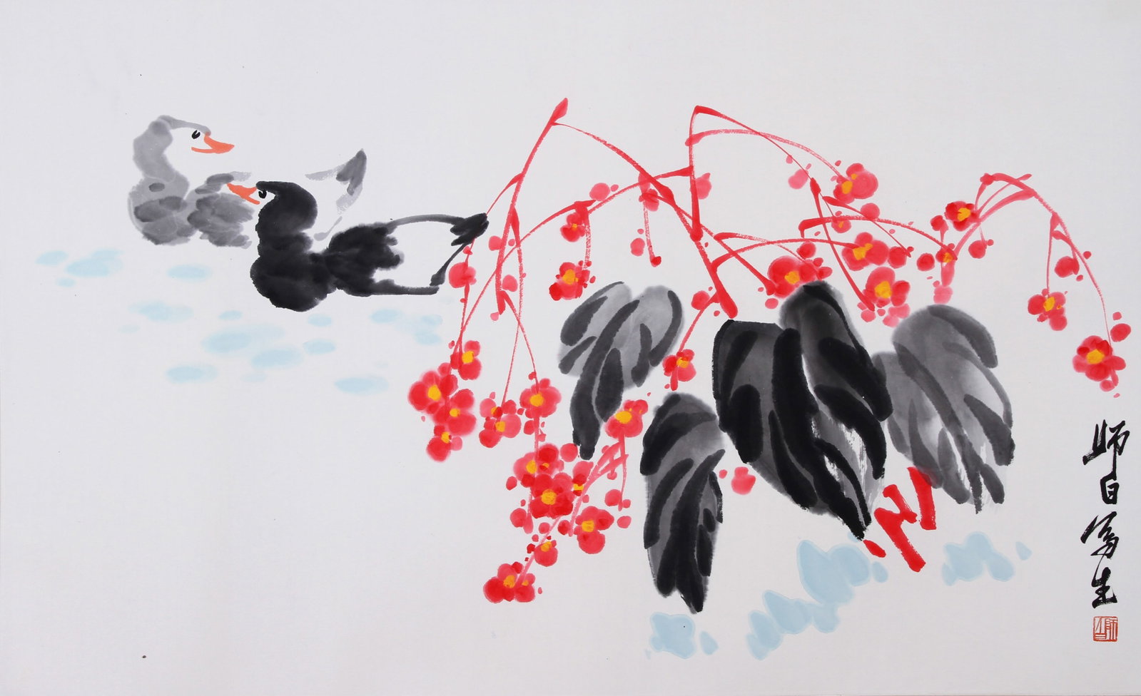 LOU SHIBAI, ATTRIBUTED TO, DUCKS AND BEGONIAS, MOUNTED FOR FRAMING: Attributed to Lou Shibai. Ducks and begonias. Ink and color on paper, mounted for framing. 59 x 96 cm. Condition: Creases and stains to the mounting and painting.