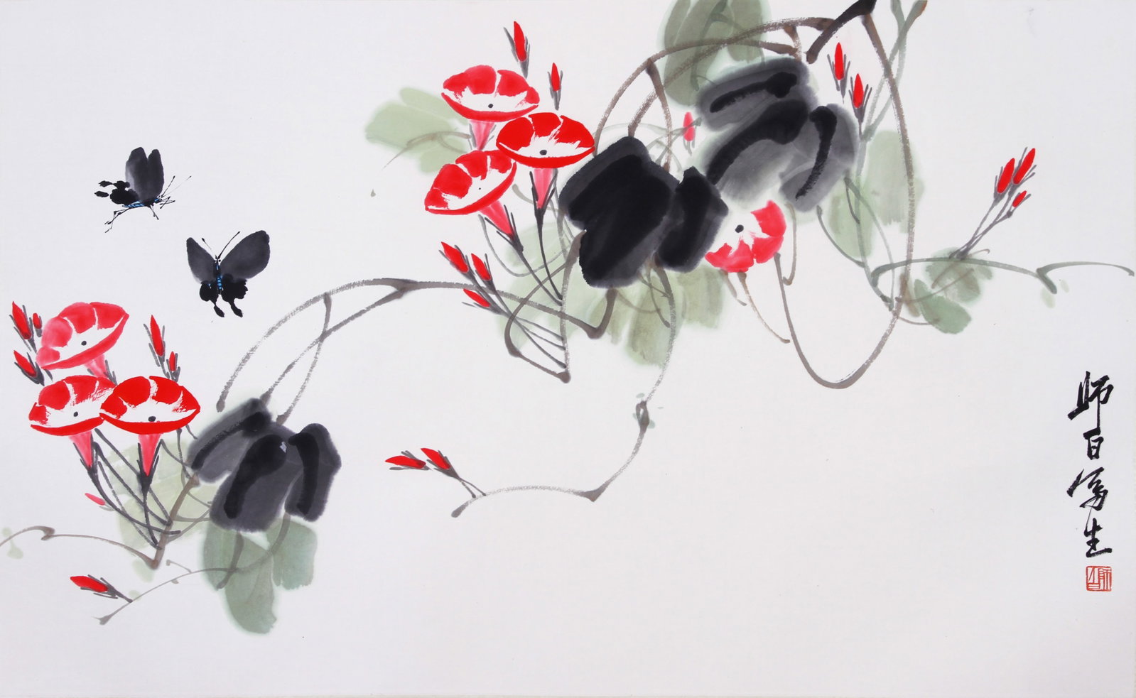 LOU SHIBAI, ATTRIBUTED TO, MORNING GLORIES AND BUTTERFLIES, MOUNTED FOR FRAMING: Attributed to Lou Shibai, morning glories and butterflies. On paper, mounted for framing. 59 x 96 cm. Condition: Creases to the mounting and painting.